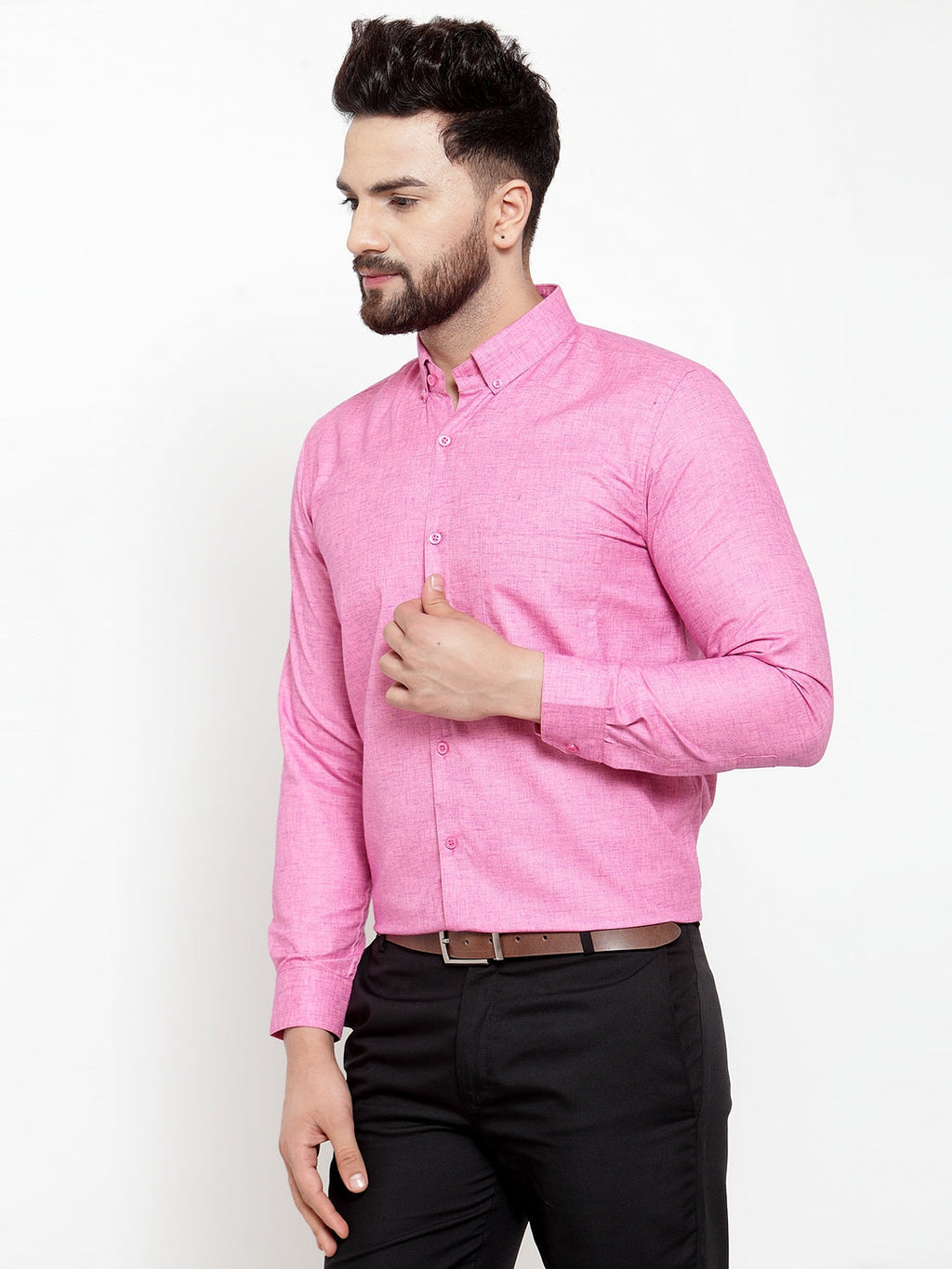 Jainish Pink Men's Cotton Solid Button Down Formal Shirts ( SF 753Pink ) | Grocsy