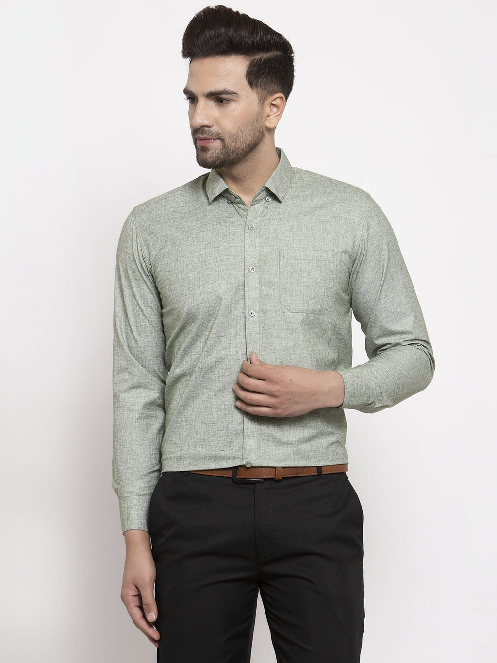Jainish Green Men's Cotton Solid Button Down Formal Shirts ( SF 753Pista ) | Grocsy