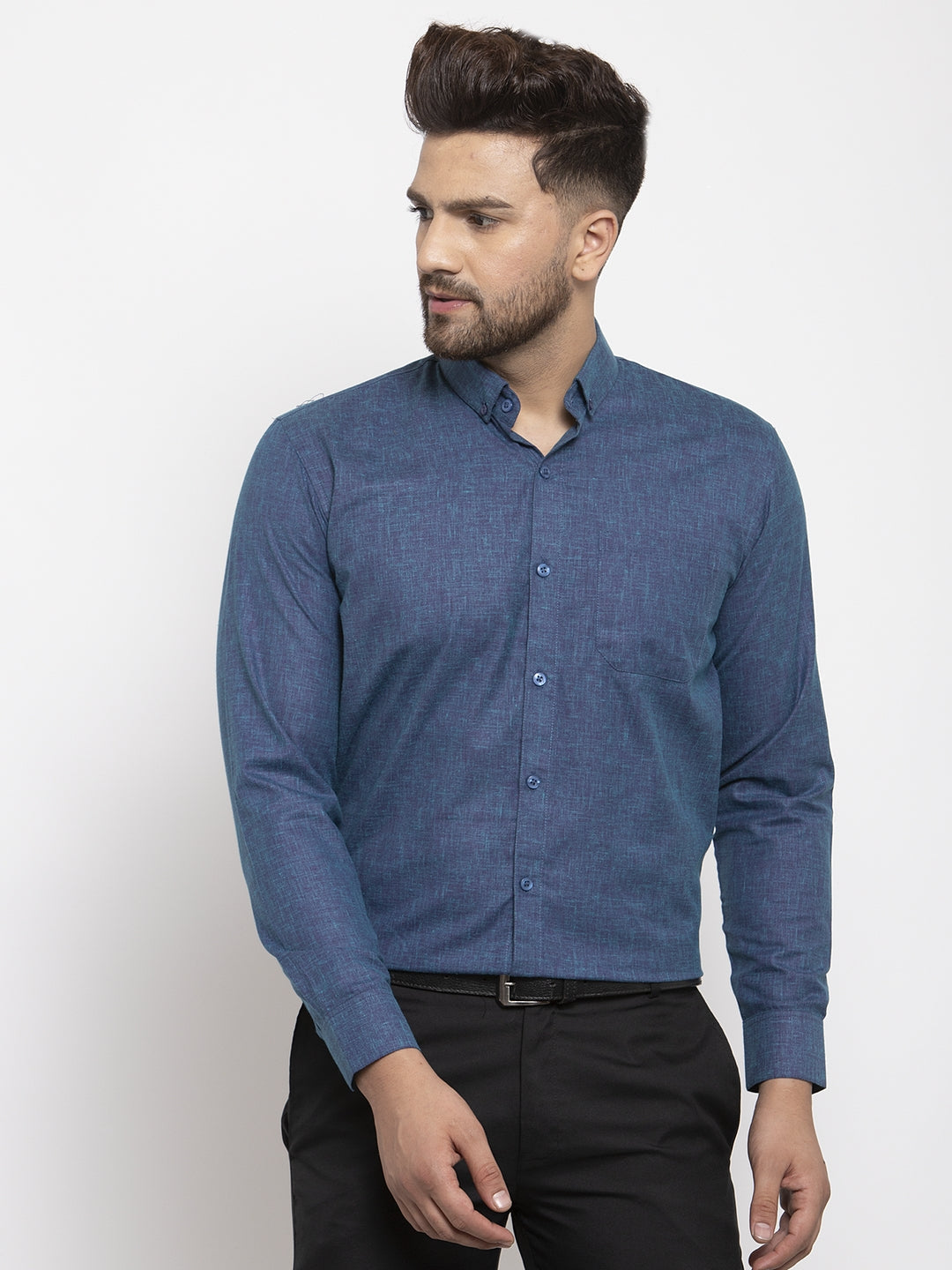 Jainish Blue Men's Cotton Solid Button Down Formal Shirts ( SF 753Teal ) | Grocsy