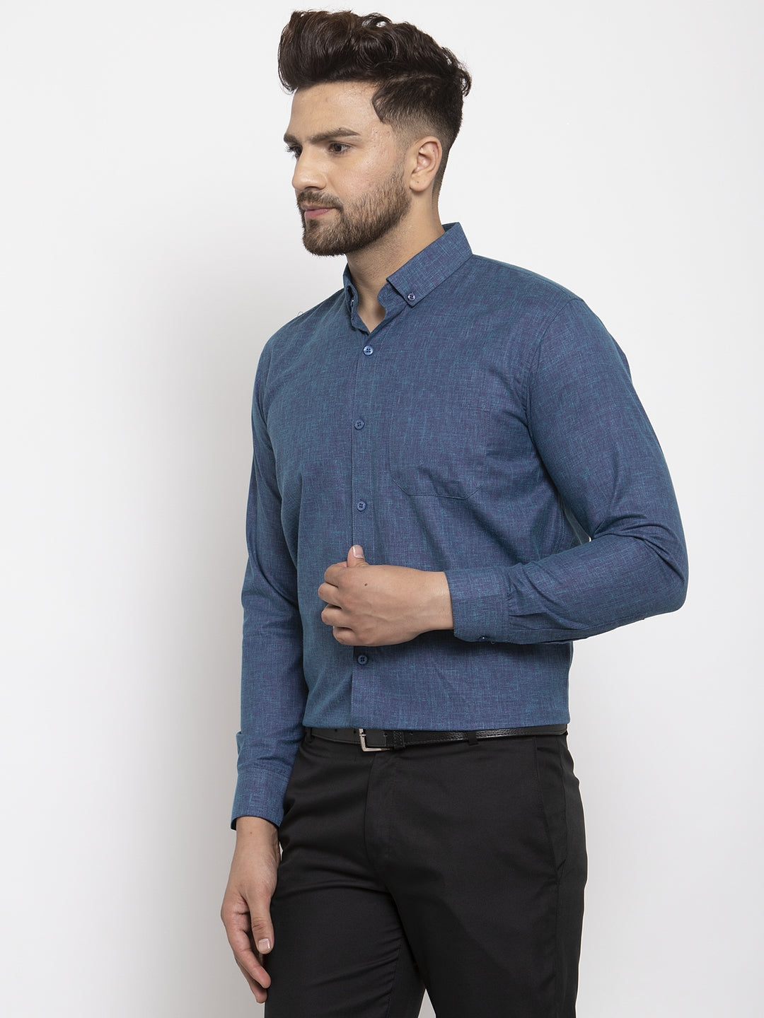 Jainish Blue Men's Cotton Solid Button Down Formal Shirts ( SF 753Teal ) | Grocsy