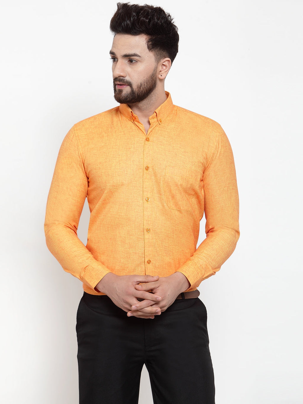 Jainish Yellow Men's Cotton Solid Button Down Formal Shirts ( SF 753Yellow ) | Grocsy