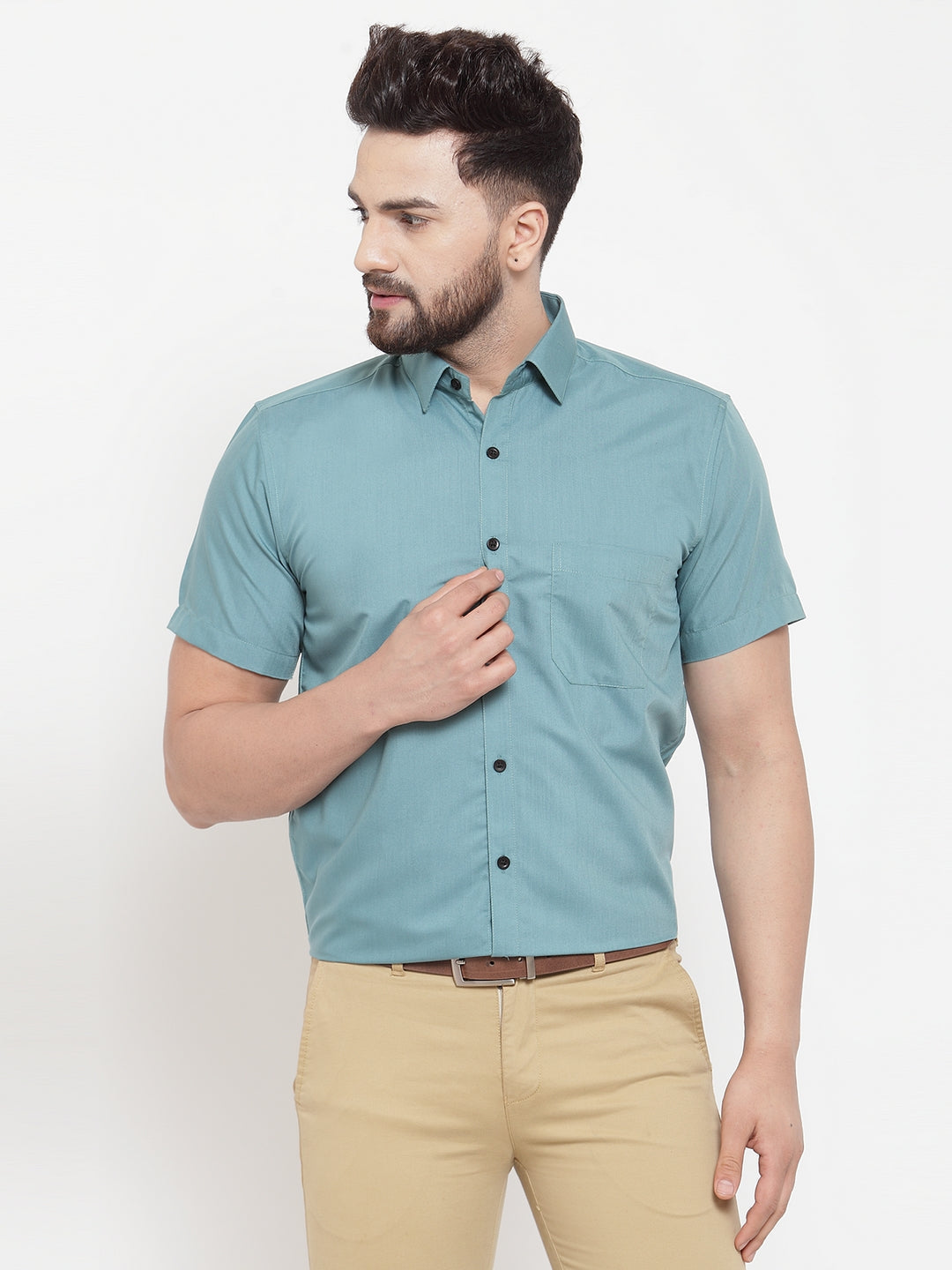 Jainish Green Men's Cotton Half Sleeves Solid Formal Shirts ( SF 754Aqua ) | Grocsy