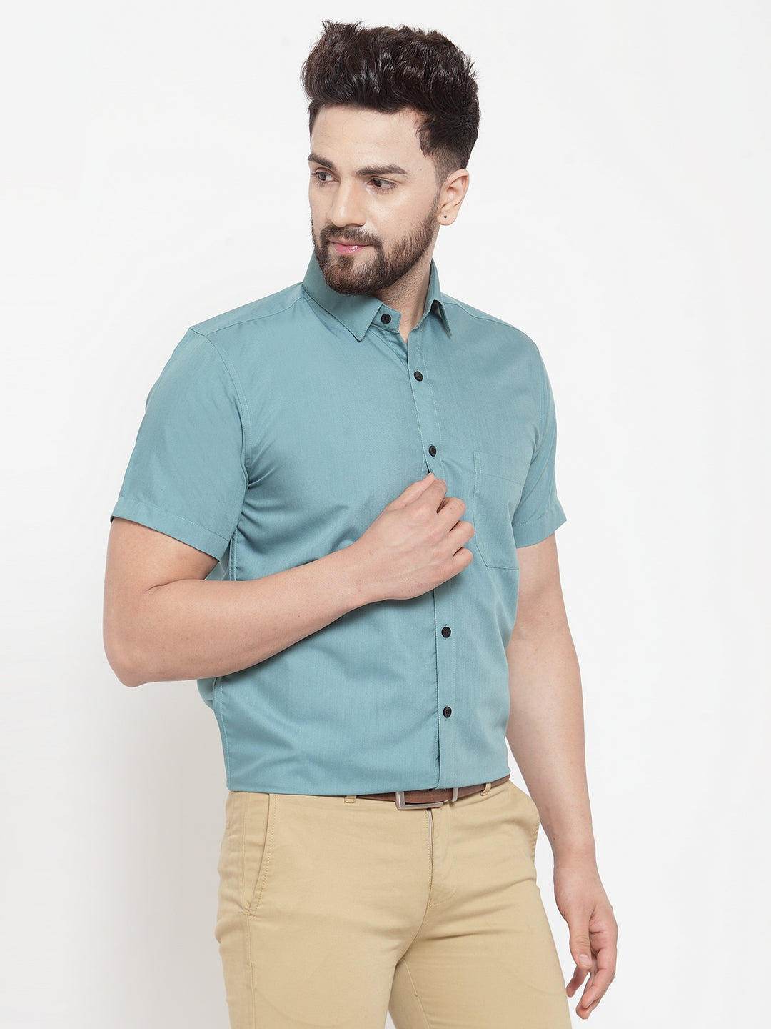 Jainish Green Men's Cotton Half Sleeves Solid Formal Shirts ( SF 754Aqua ) | Grocsy