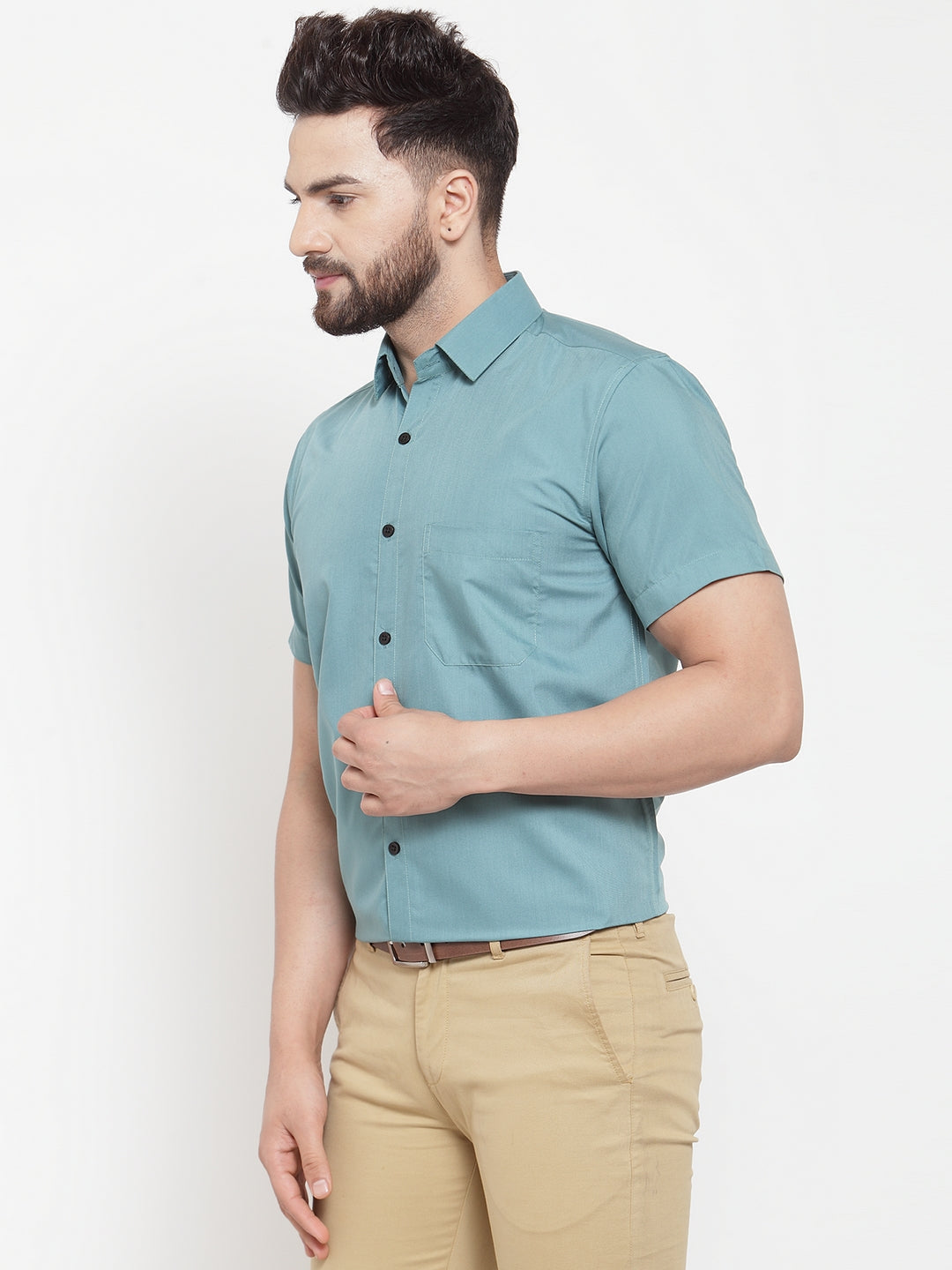 Jainish Green Men's Cotton Half Sleeves Solid Formal Shirts ( SF 754Aqua ) | Grocsy