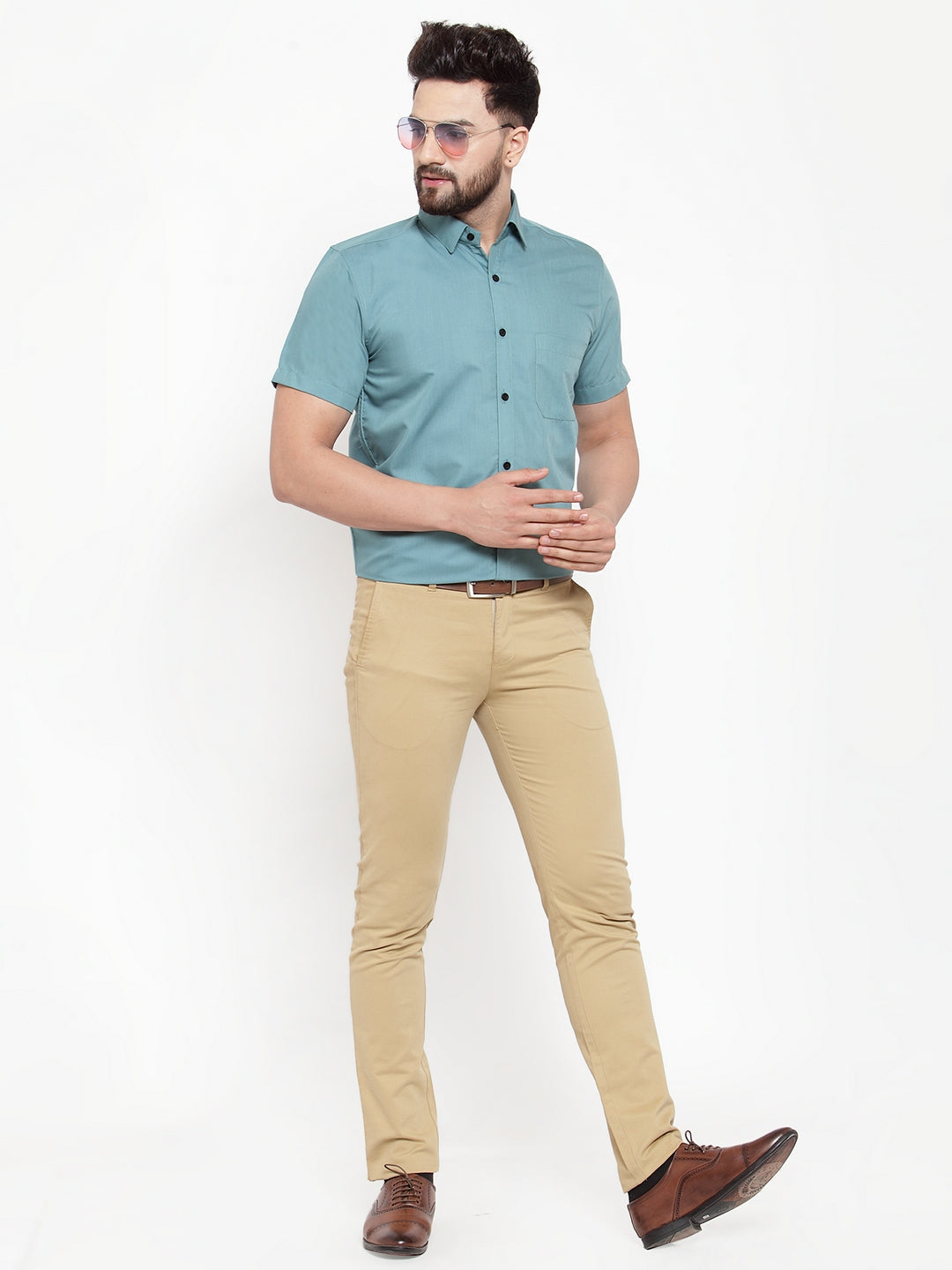 Jainish Green Men's Cotton Half Sleeves Solid Formal Shirts ( SF 754Aqua ) | Grocsy