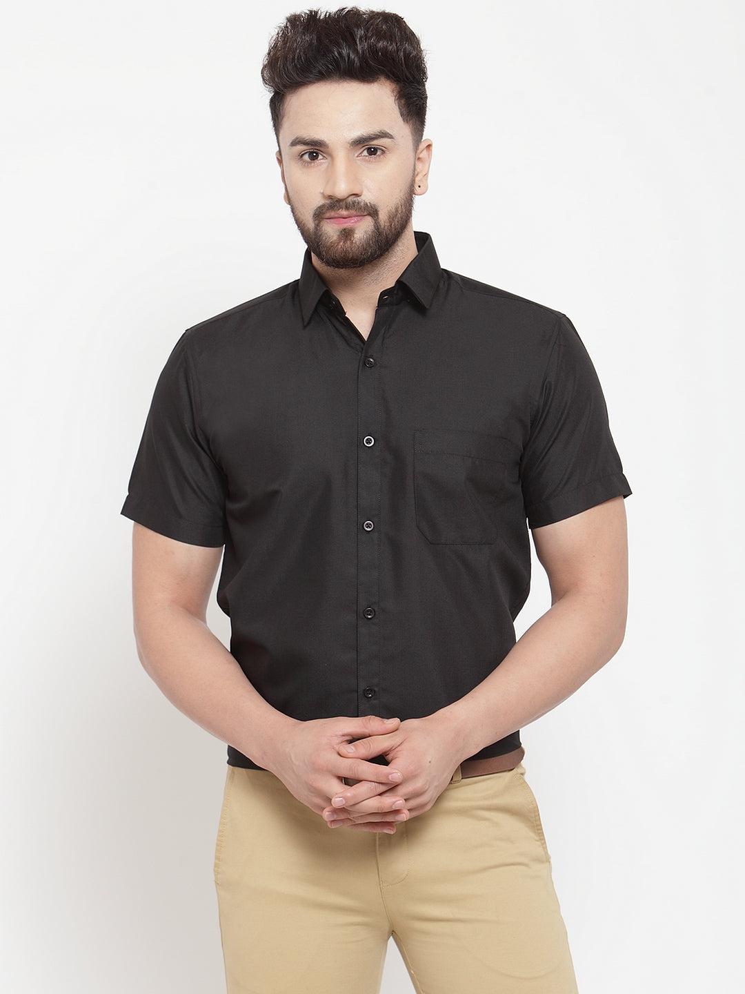 Jainish Black Men's Cotton Half Sleeves Solid Formal Shirts ( SF 754Black ) | Grocsy