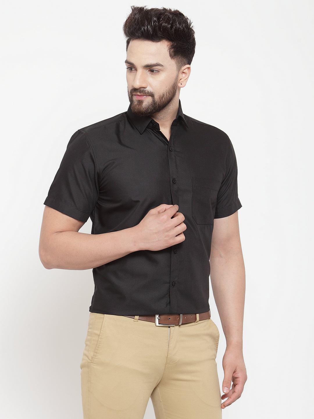 Jainish Black Men's Cotton Half Sleeves Solid Formal Shirts ( SF 754Black ) | Grocsy