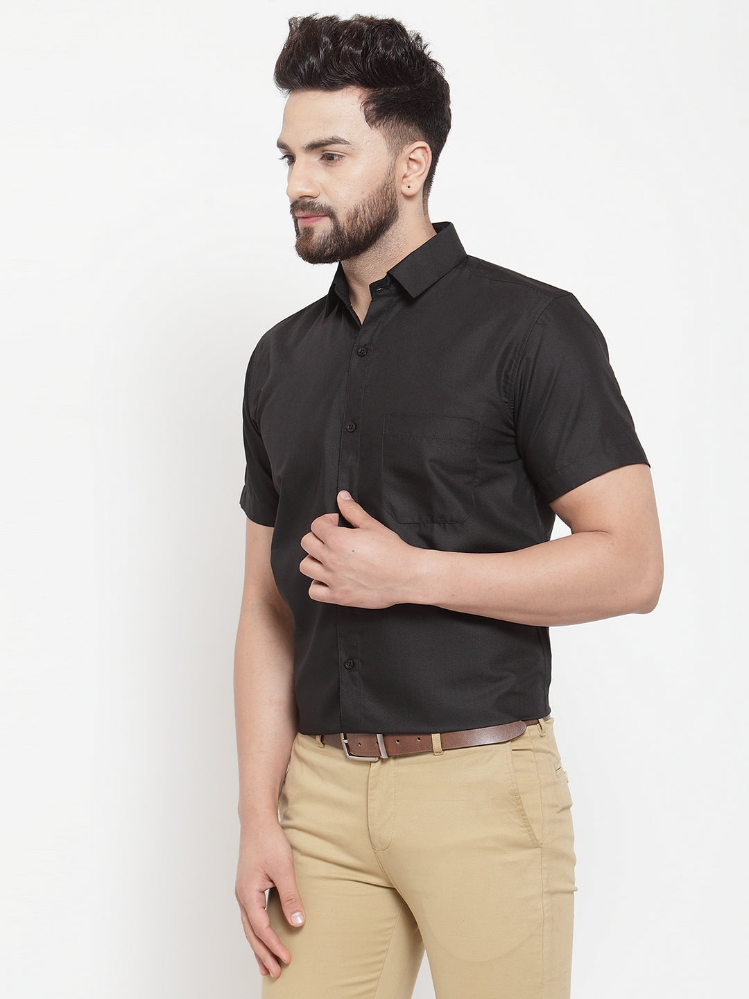 Jainish Black Men's Cotton Half Sleeves Solid Formal Shirts ( SF 754Black ) | Grocsy
