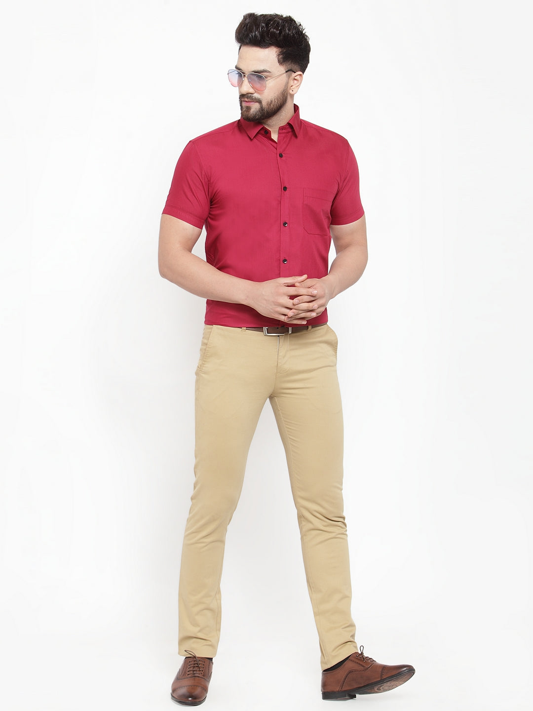 Jainish Maroon Men's Cotton Half Sleeves Solid Formal Shirts ( SF 754Mehroon ) | Grocsy