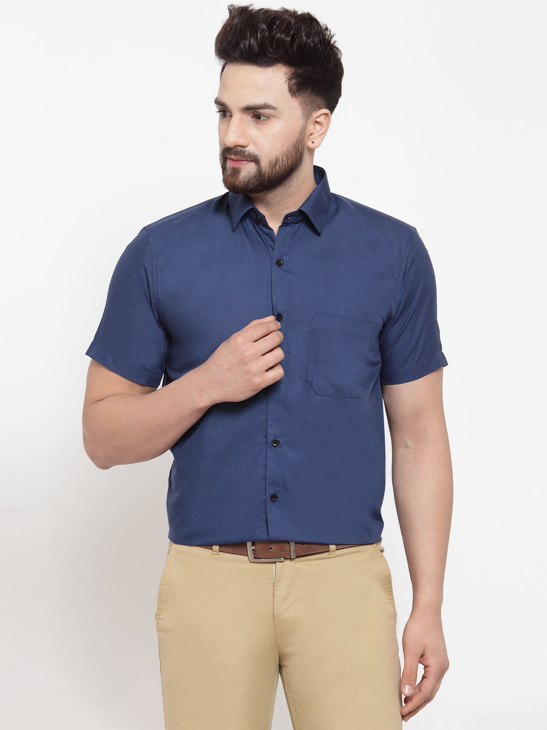 Jainish Blue Men's Cotton Half Sleeves Solid Formal Shirts ( SF 754Peacock ) | Grocsy