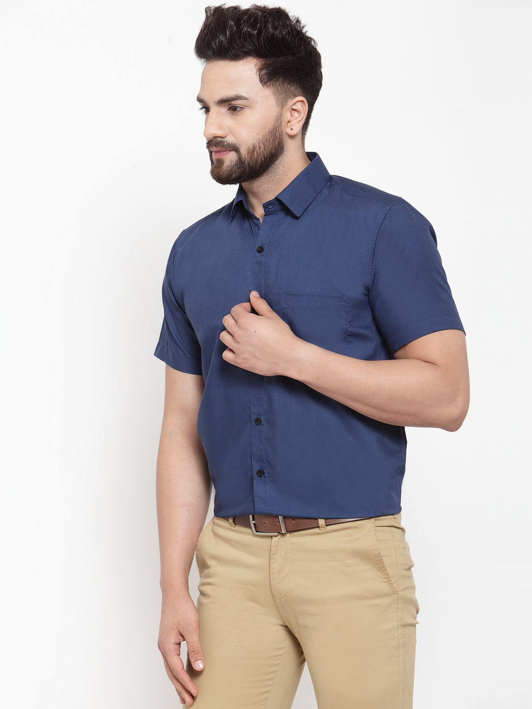 Jainish Blue Men's Cotton Half Sleeves Solid Formal Shirts ( SF 754Peacock ) | Grocsy