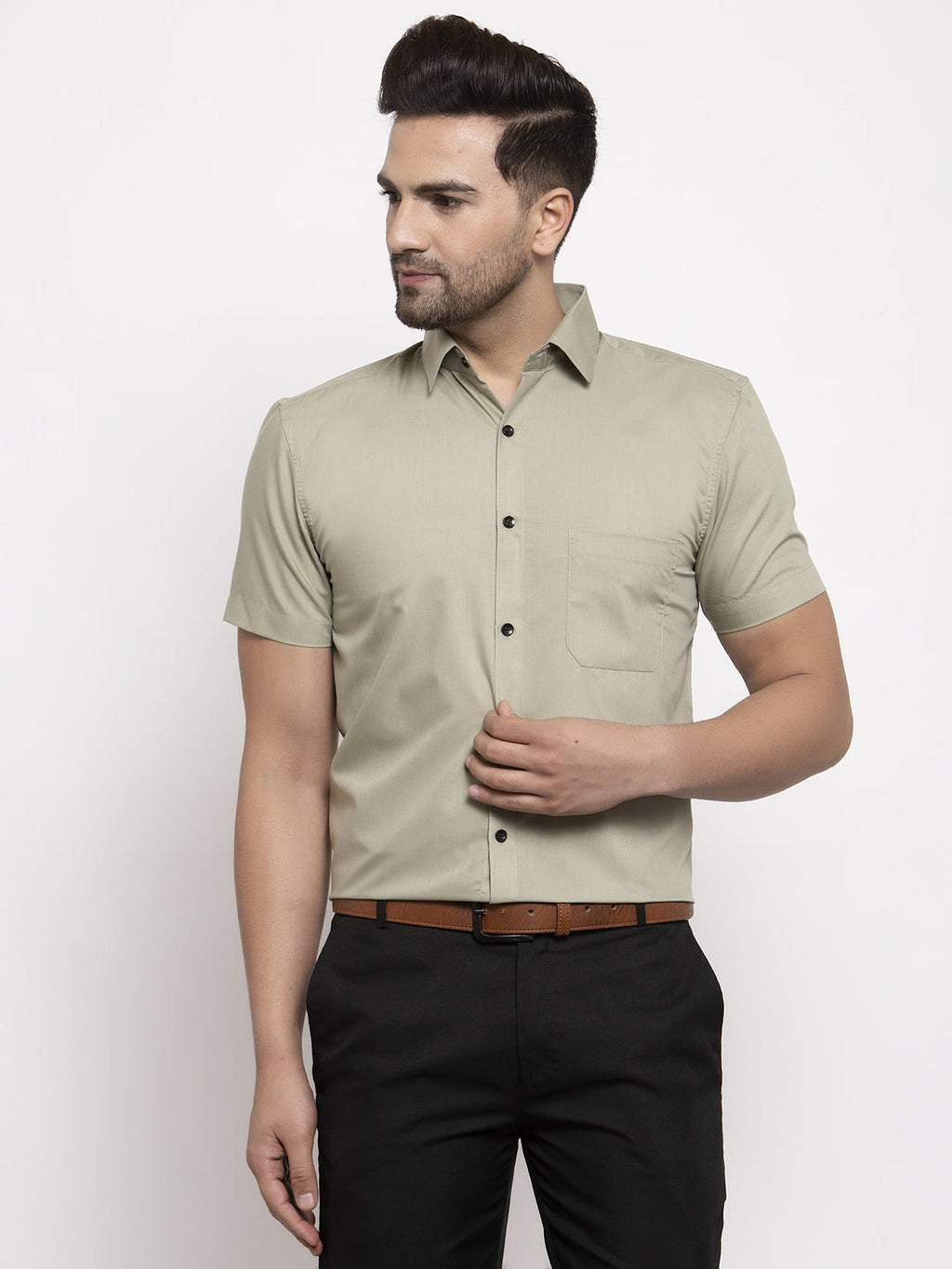 Jainish Green Men's Cotton Half Sleeves Solid Formal Shirts ( SF 754Pista ) | Grocsy
