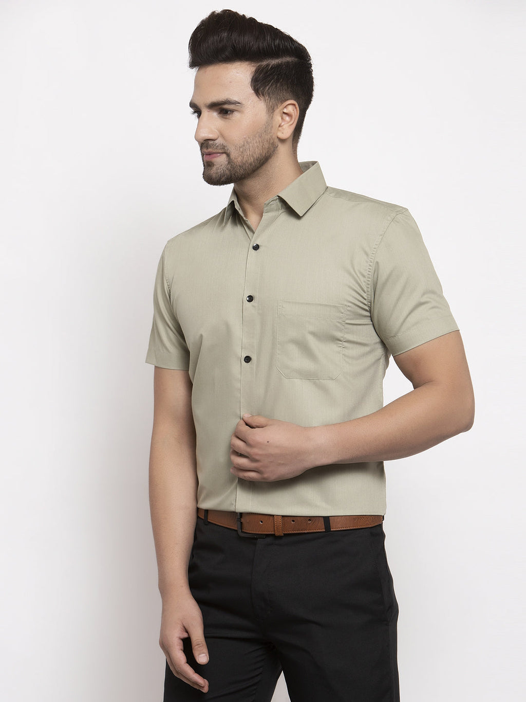 Jainish Green Men's Cotton Half Sleeves Solid Formal Shirts ( SF 754Pista ) | Grocsy