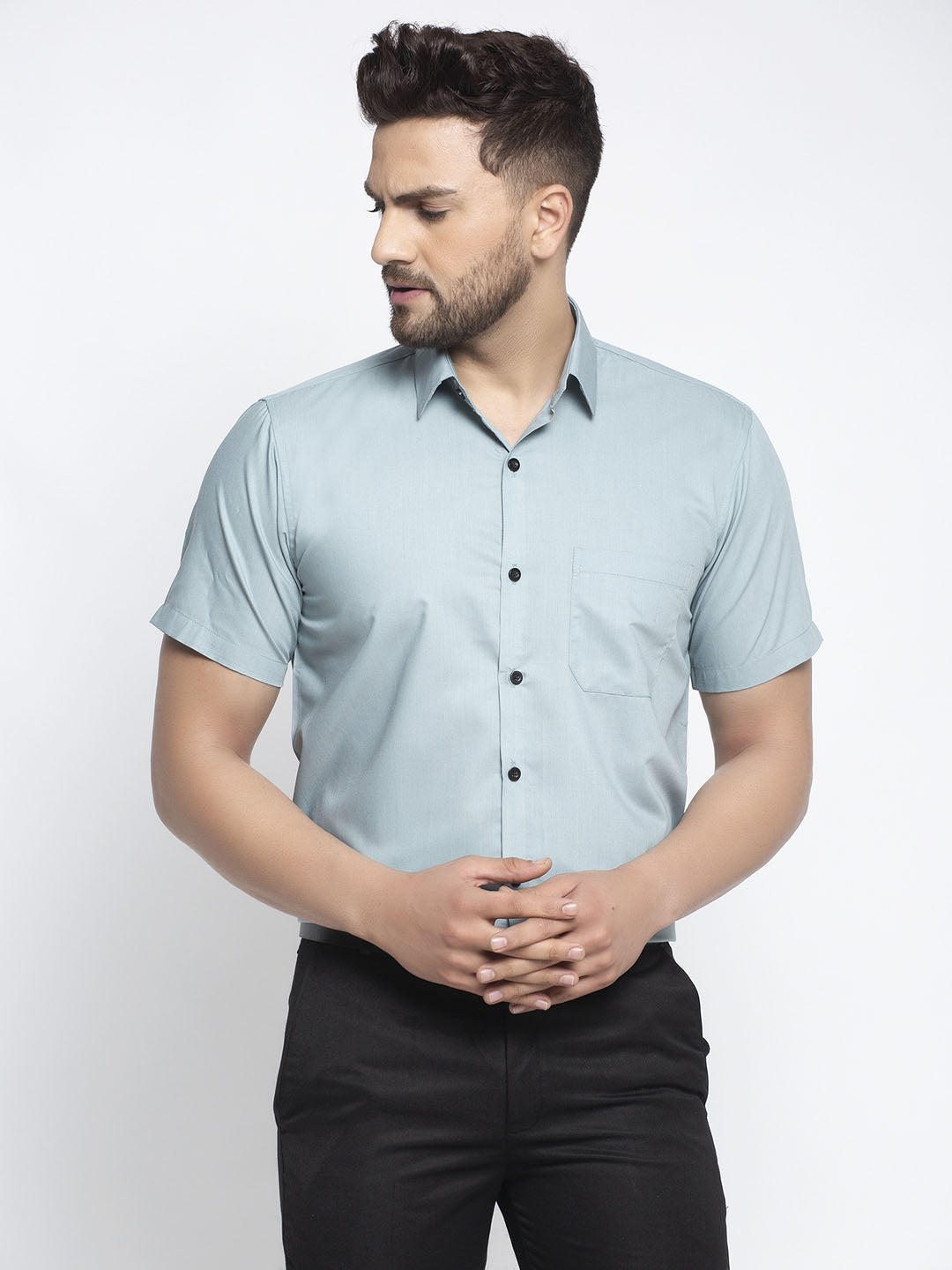 Jainish Green Men's Cotton Half Sleeves Solid Formal Shirts ( SF 754Sea-Green ) | Grocsy