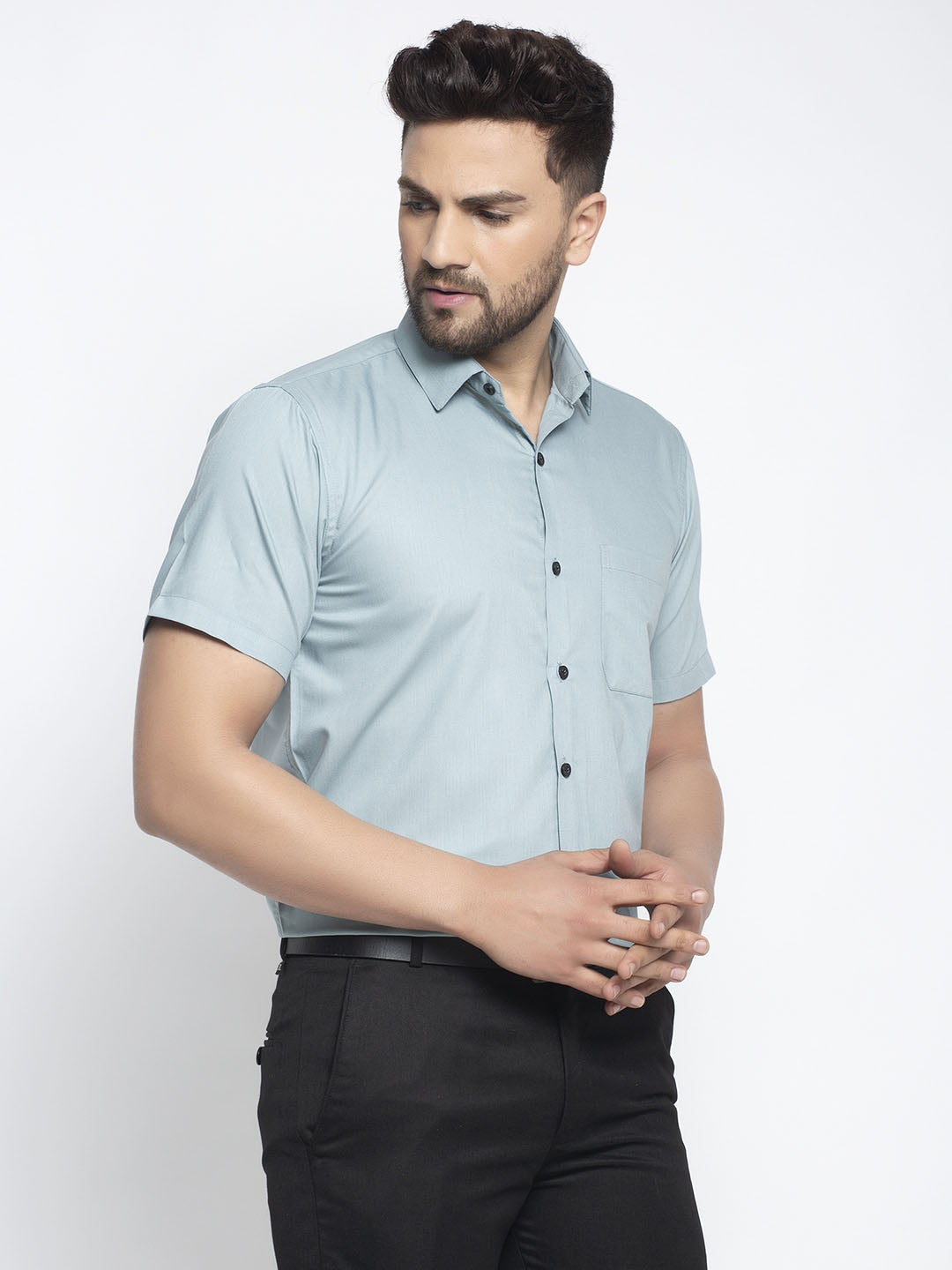 Jainish Green Men's Cotton Half Sleeves Solid Formal Shirts ( SF 754Sea-Green ) | Grocsy