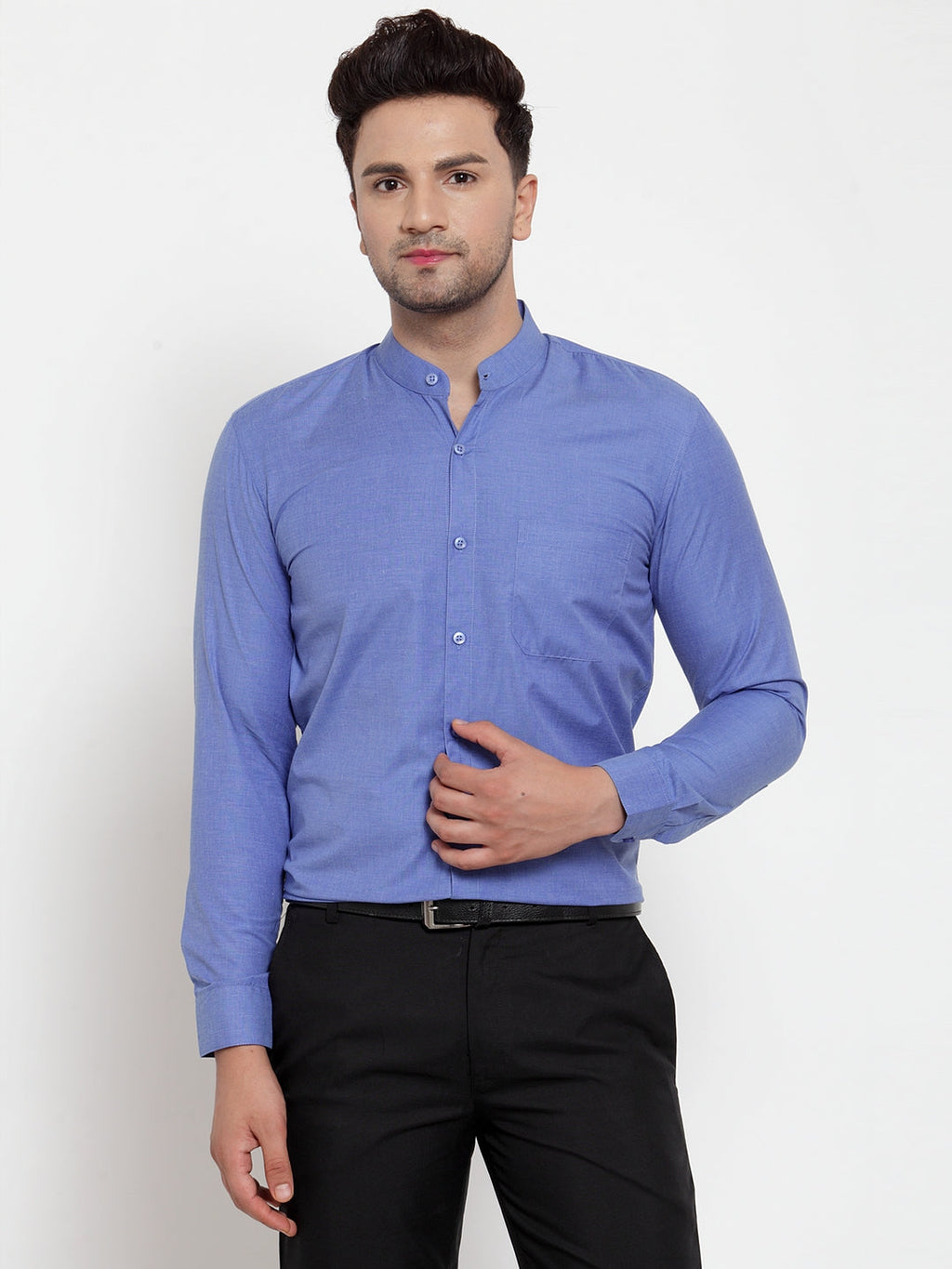 Jainish Blue Men's Cotton Solid Mandarin Collar Formal Shirts ( SF 757Blue ) | Grocsy