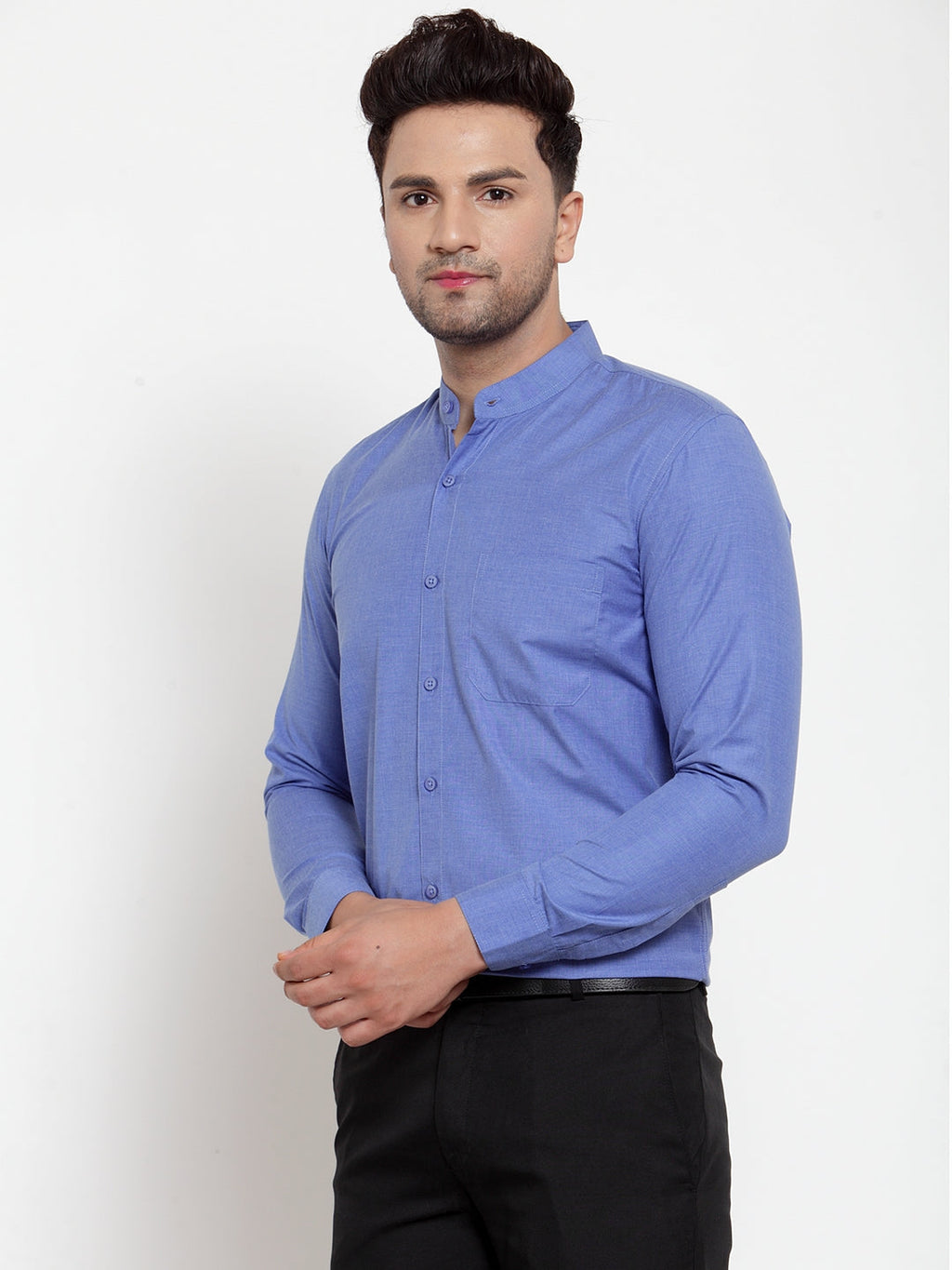 Jainish Blue Men's Cotton Solid Mandarin Collar Formal Shirts ( SF 757Blue ) | Grocsy