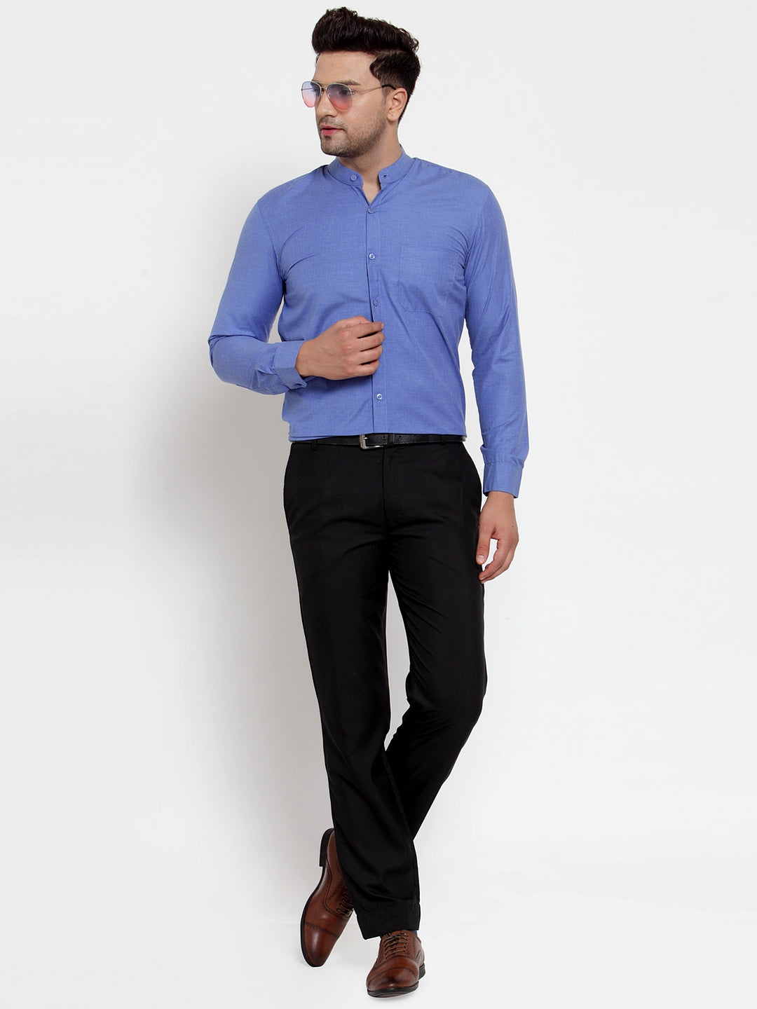 Jainish Blue Men's Cotton Solid Mandarin Collar Formal Shirts ( SF 757Blue ) | Grocsy