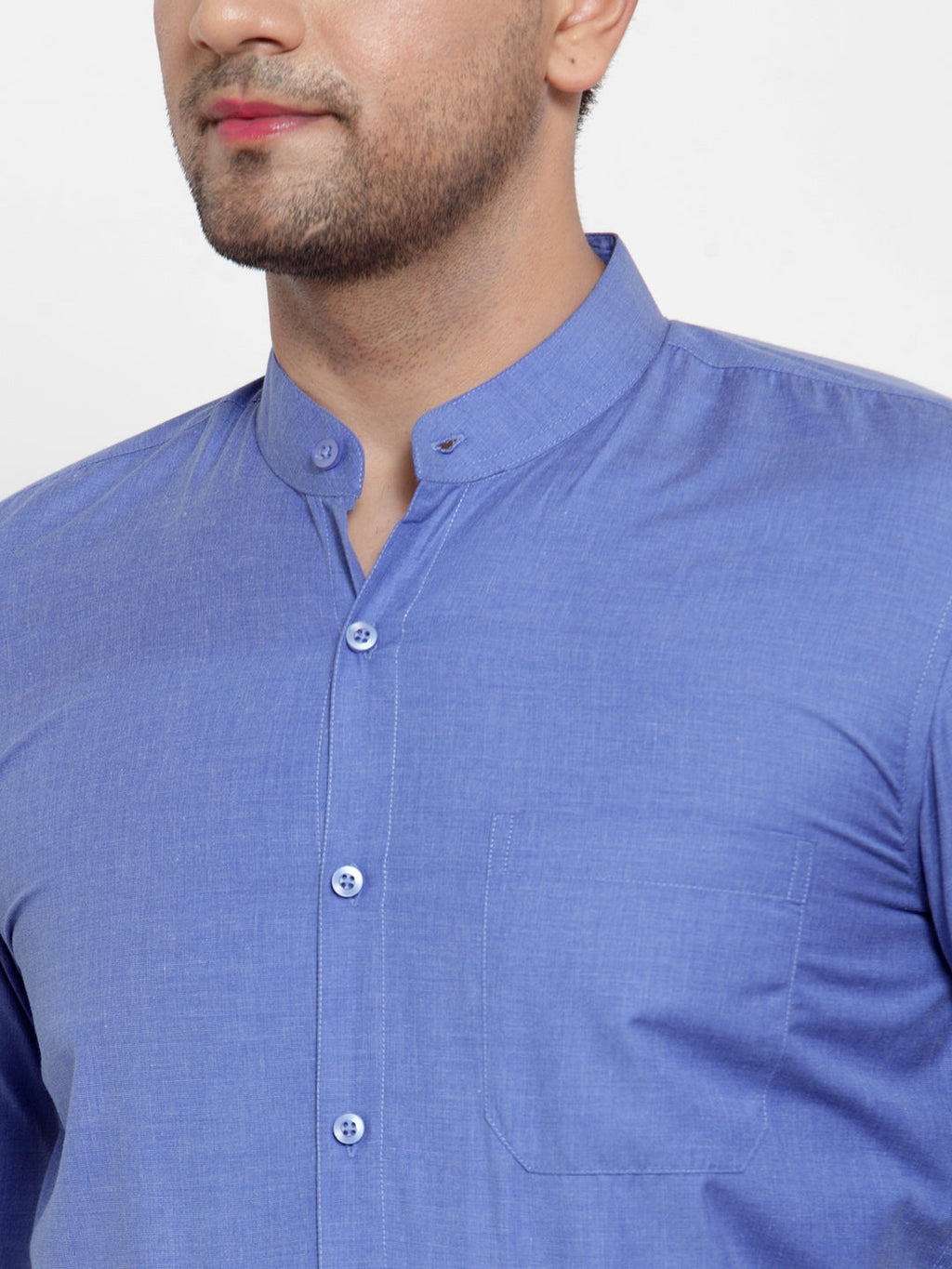 Jainish Blue Men's Cotton Solid Mandarin Collar Formal Shirts ( SF 757Blue ) | Grocsy