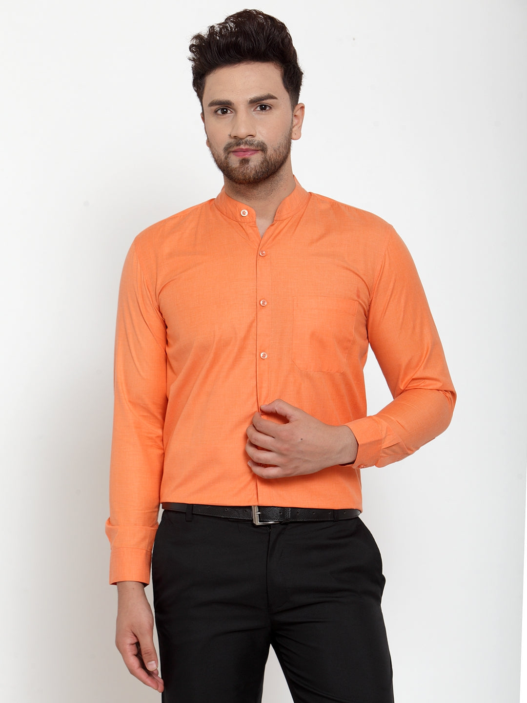 Jainish Orange Men's Cotton Solid Mandarin Collar Formal Shirts ( SF 757Orange ) | Grocsy