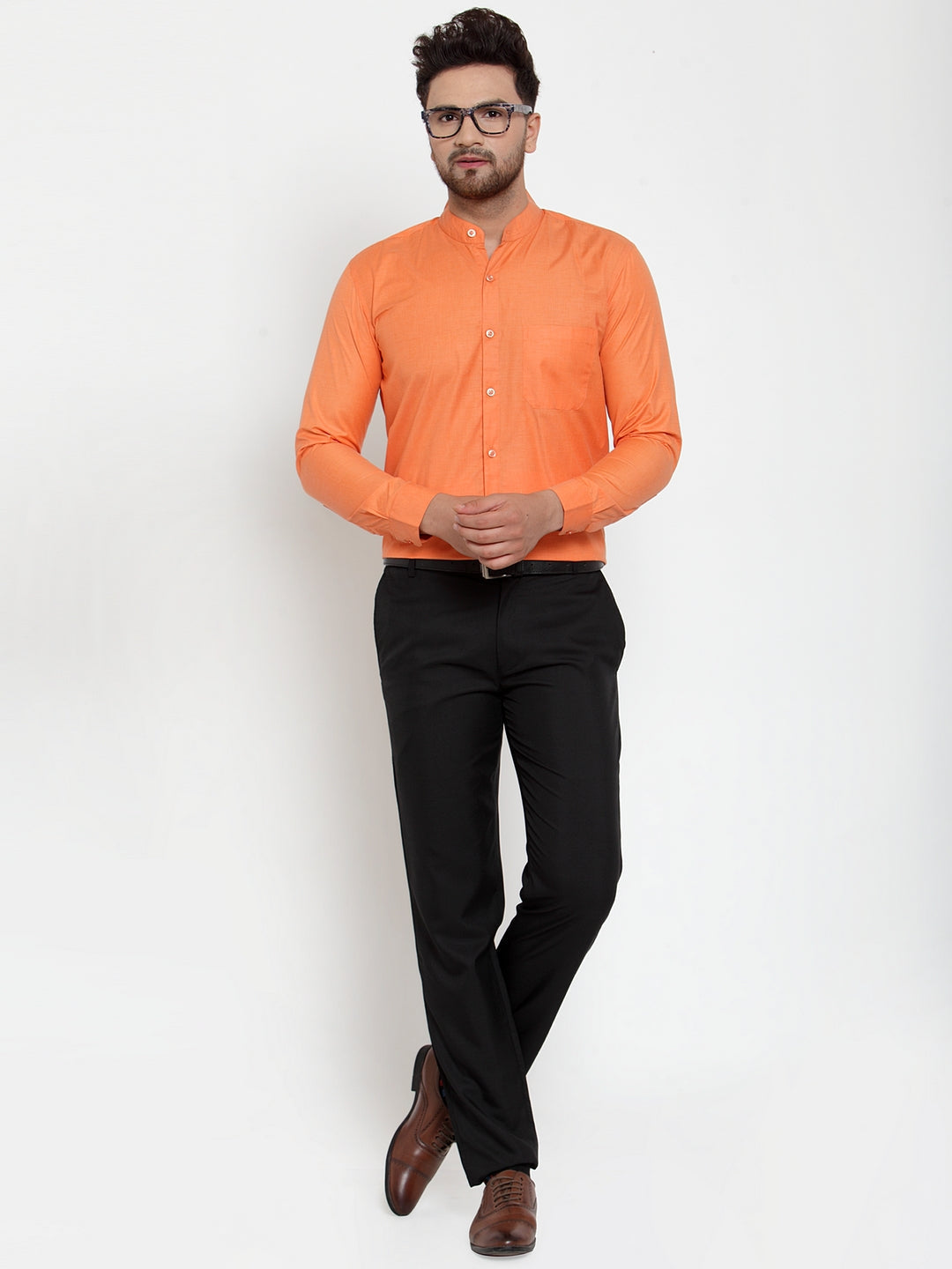 Jainish Orange Men's Cotton Solid Mandarin Collar Formal Shirts ( SF 757Orange ) | Grocsy