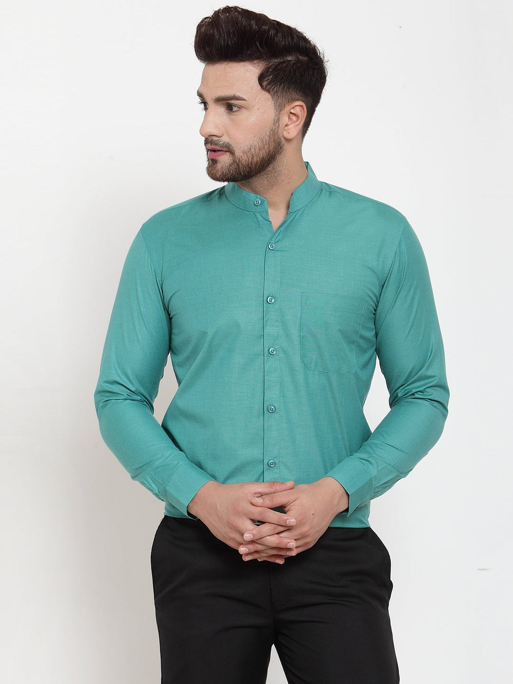 Jainish Green Men's Cotton Solid Mandarin Collar Formal Shirts ( SF 757Pista ) | Grocsy