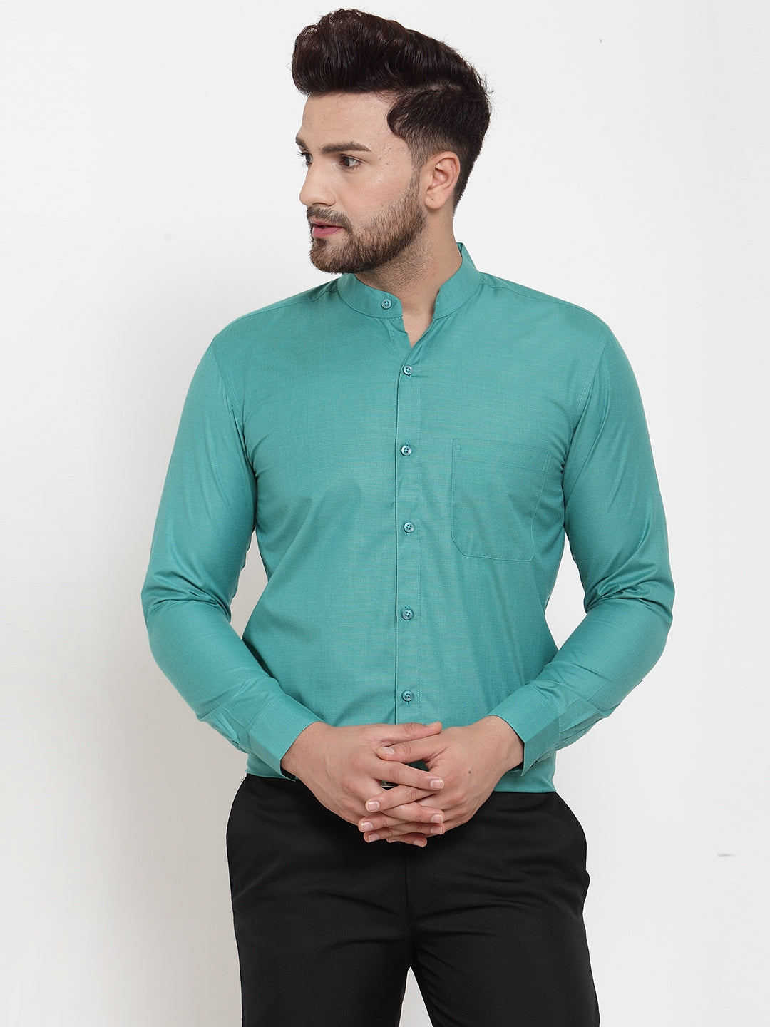 Jainish Green Men's Cotton Solid Mandarin Collar Formal Shirts ( SF 757Pista ) | Grocsy