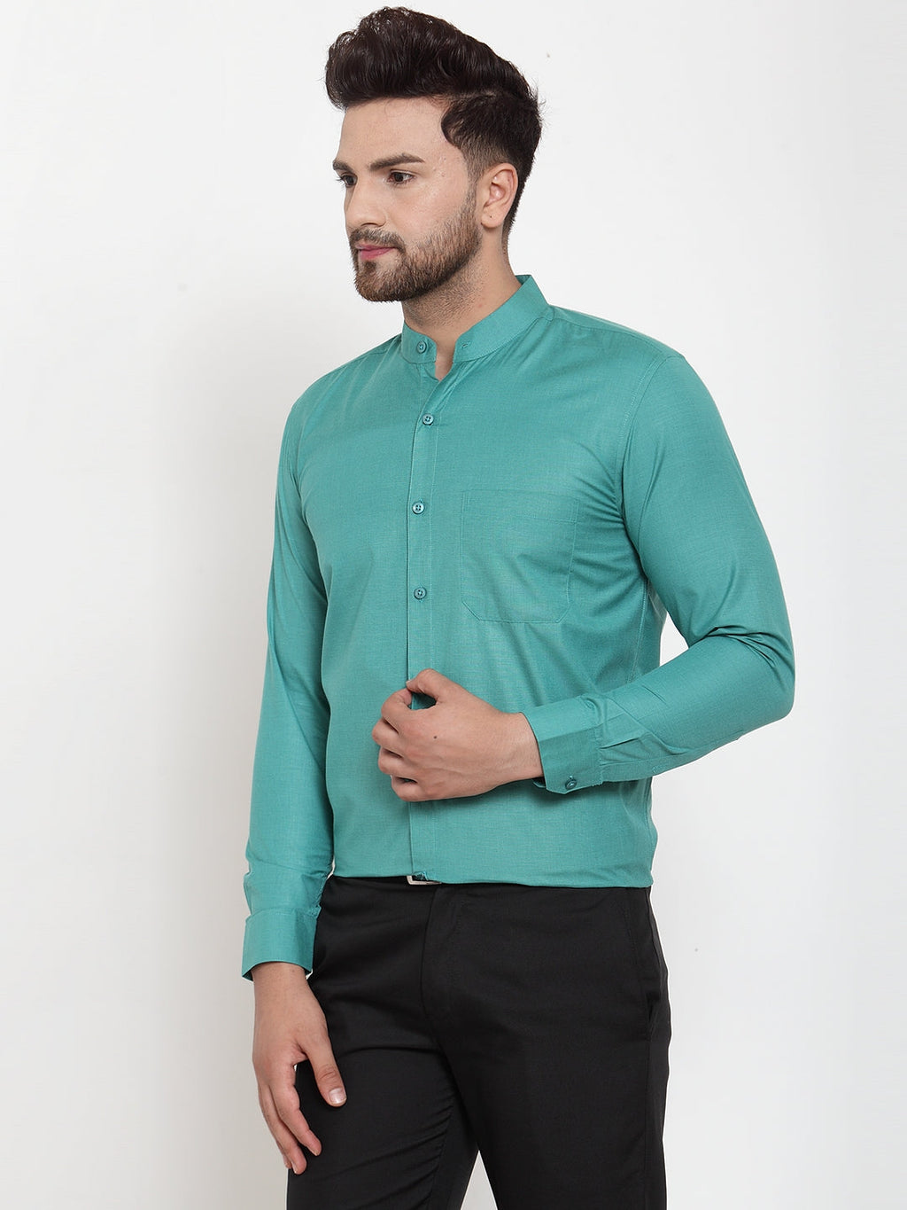 Jainish Green Men's Cotton Solid Mandarin Collar Formal Shirts ( SF 757Pista ) | Grocsy