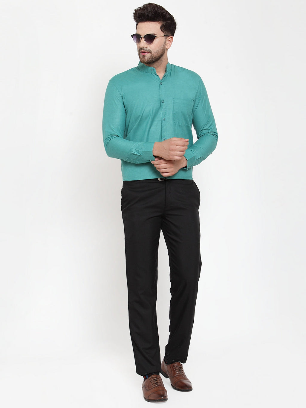 Jainish Green Men's Cotton Solid Mandarin Collar Formal Shirts ( SF 757Pista ) | Grocsy