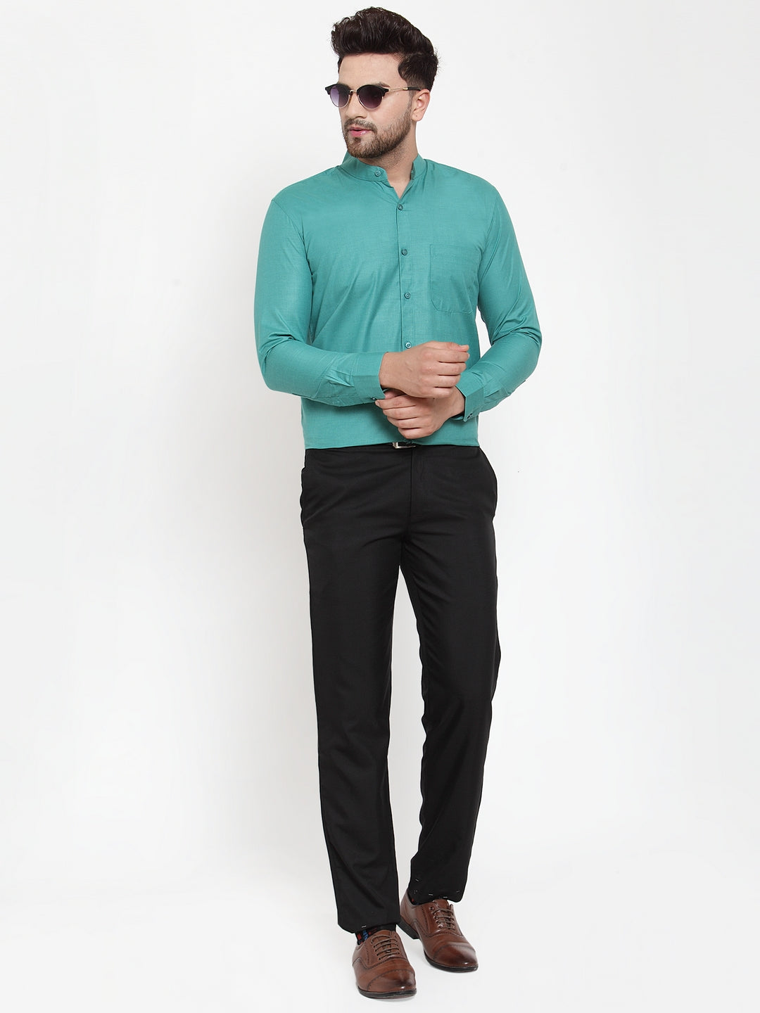 Jainish Green Men's Cotton Solid Mandarin Collar Formal Shirts ( SF 757Pista ) | Grocsy