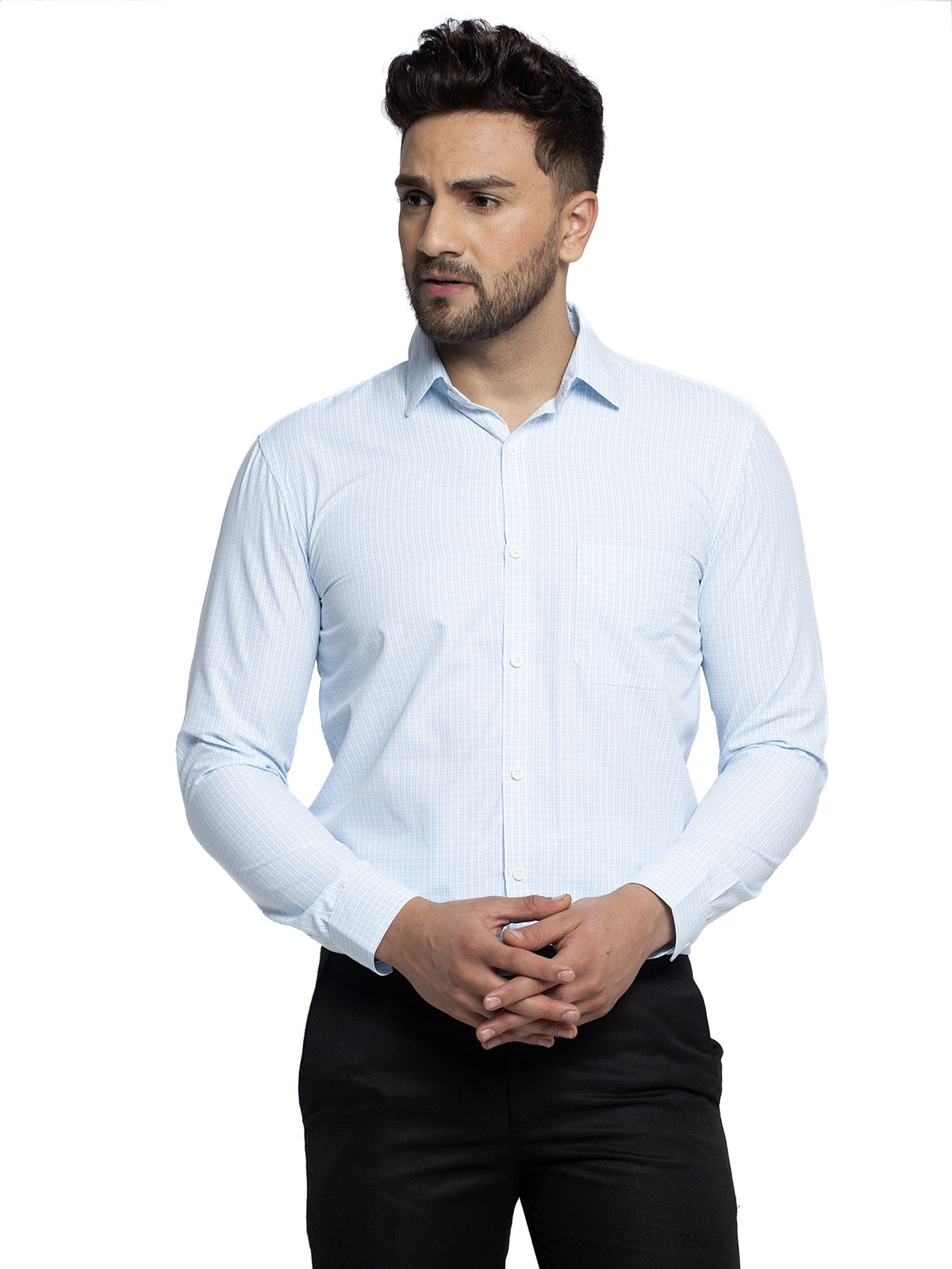Jainish Blue Men's Cotton Checked Formal Shirt's ( SF 758Sky ) | Grocsy