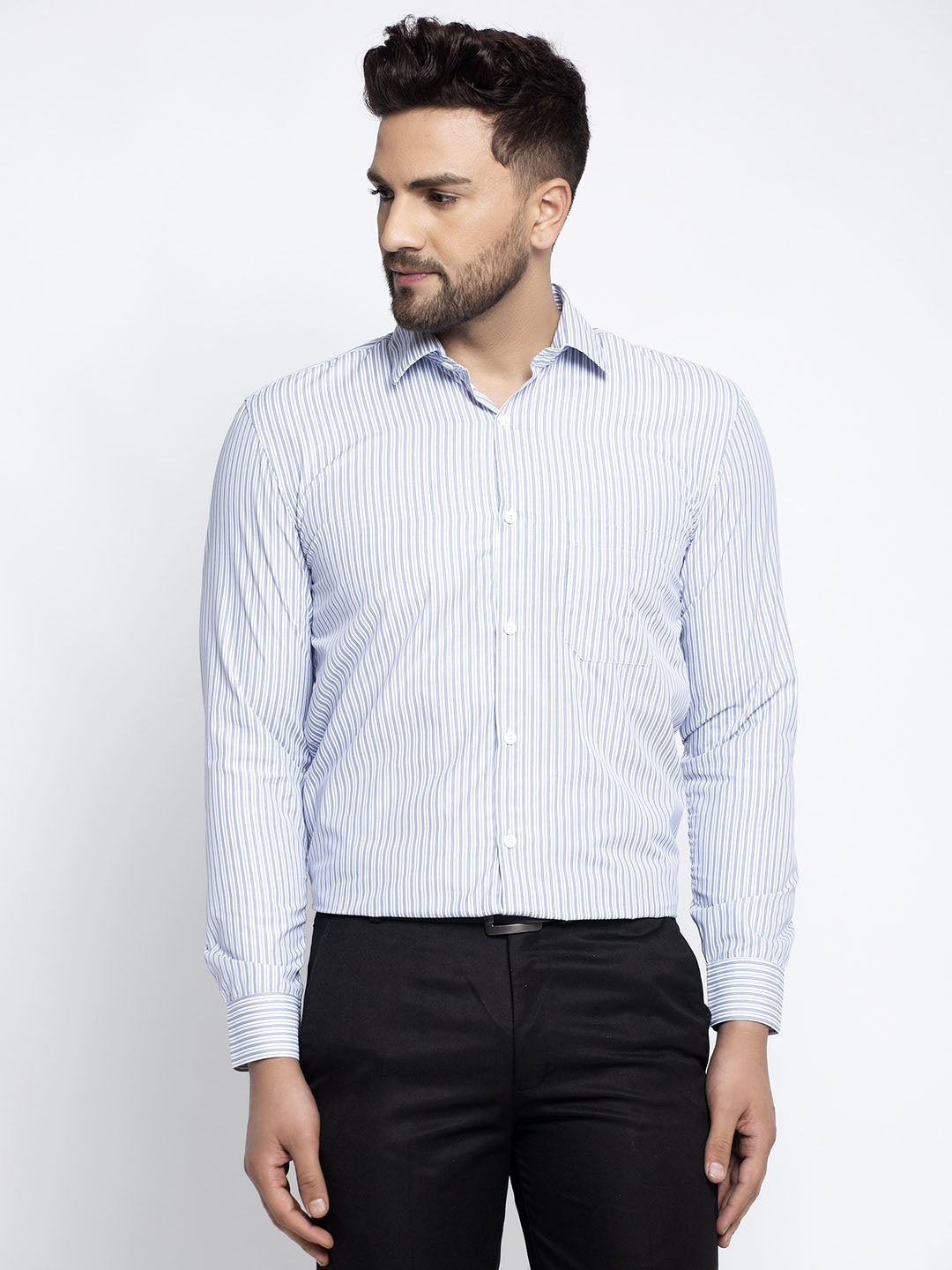 Jainish Blue Men's Cotton Striped Formal Shirt's ( SF 759Light-Blue ) | Grocsy