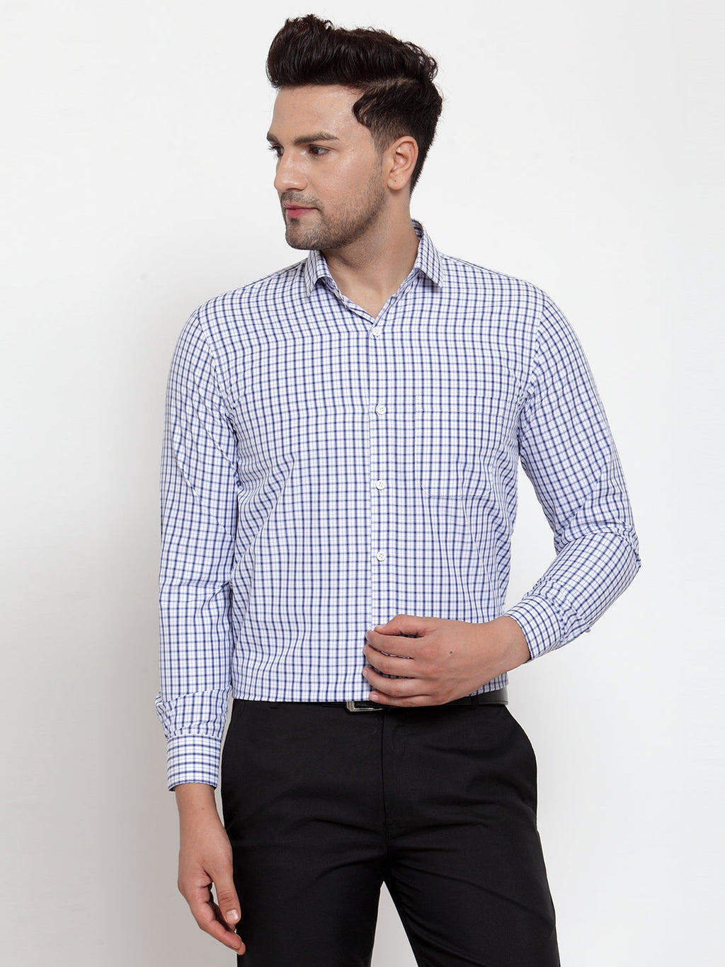 Jainish Blue Men's Cotton Checked Formal Shirt's ( SF 760Sky ) | Grocsy