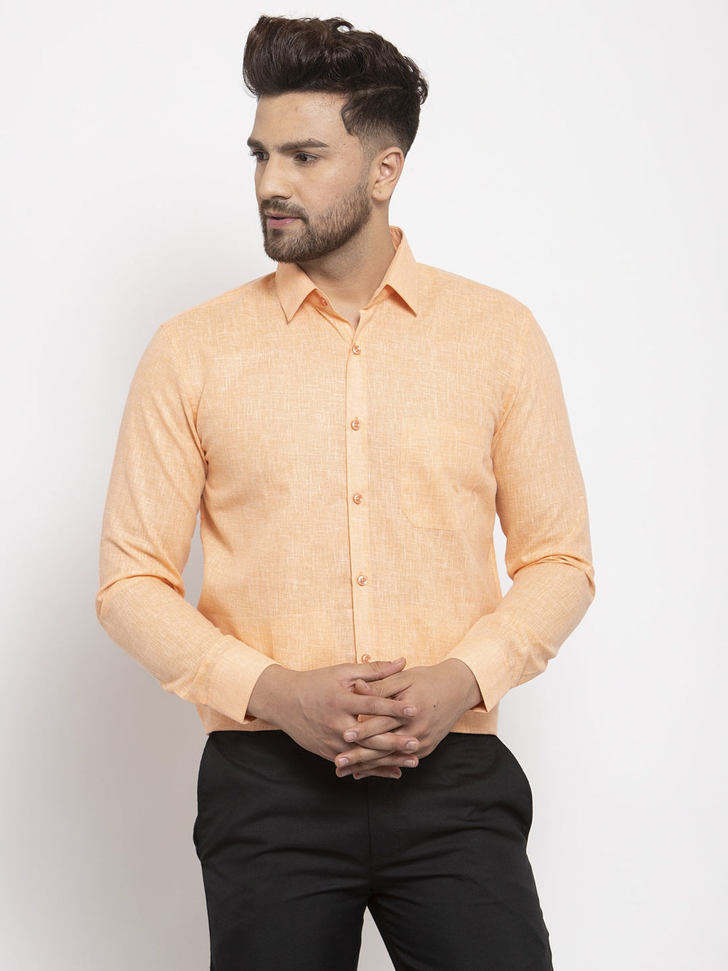 Jainish Orange Men's Dobby Solid Formal Shirts ( SF 762Light-Orange ) | Grocsy