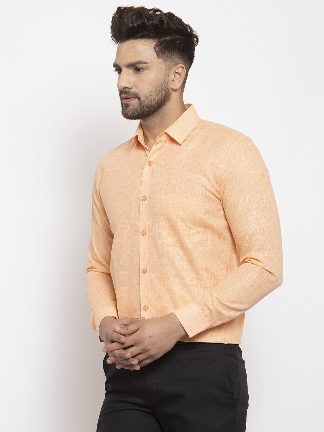 Jainish Orange Men's Dobby Solid Formal Shirts ( SF 762Light-Orange ) | Grocsy