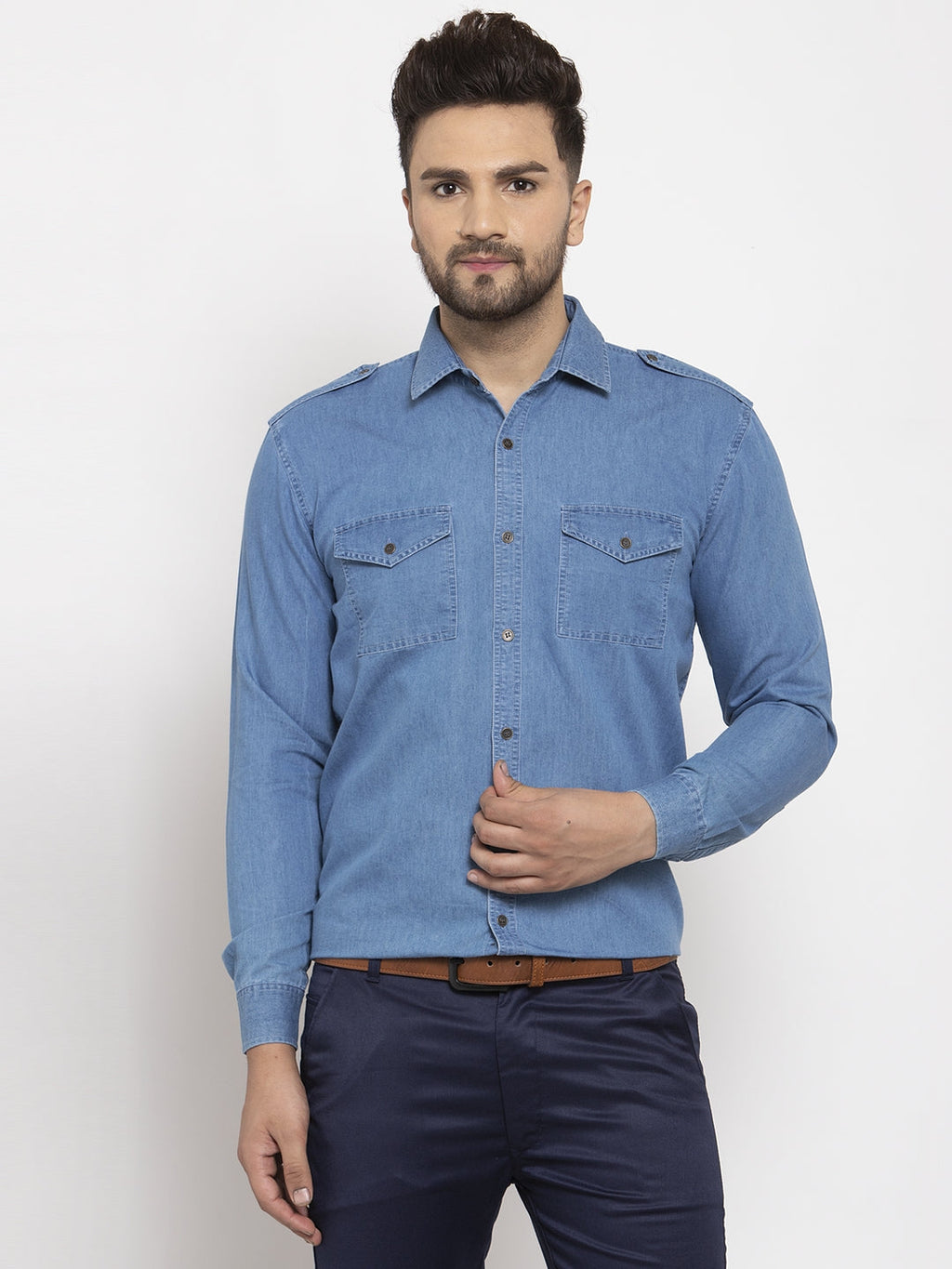 Jainish Blue Men's Denim Solid Formal Shirt's ( SF 763Blue ) | Grocsy