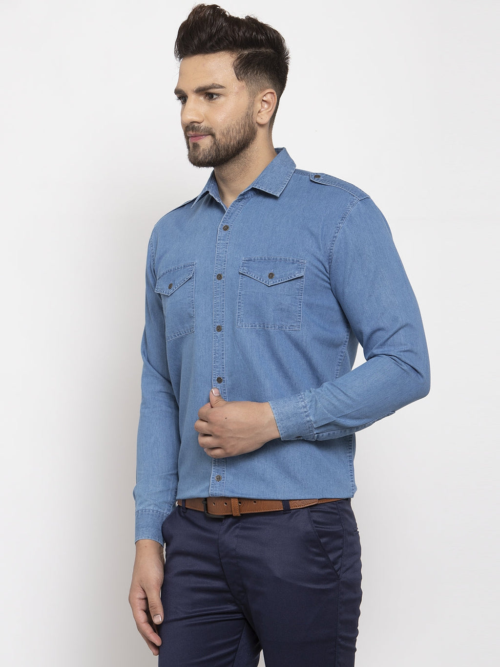 Jainish Blue Men's Denim Solid Formal Shirt's ( SF 763Blue ) | Grocsy