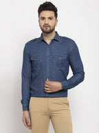 Jainish Navy Men's Denim Solid Formal Shirt's ( SF 763Navy ) | Grocsy