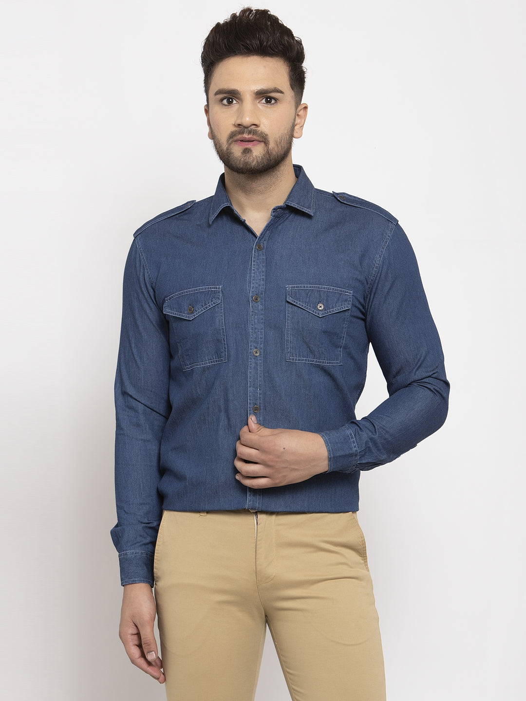 Jainish Navy Men's Denim Solid Formal Shirt's ( SF 763Navy ) | Grocsy