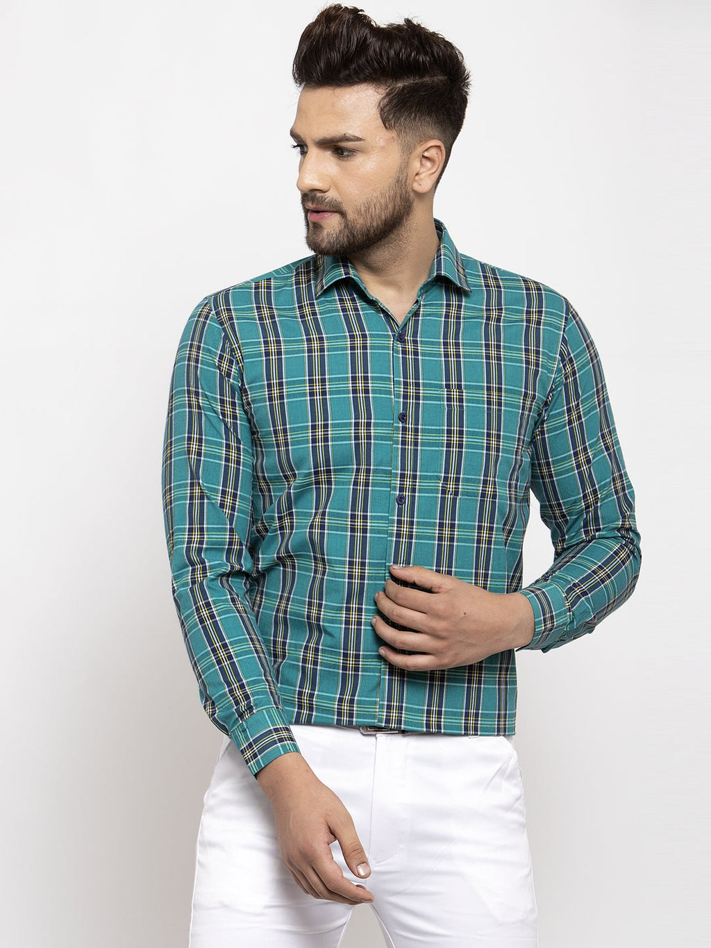 Jainish Green Men's Cotton Checked Formal Shirt's ( SF 764Green ) | Grocsy