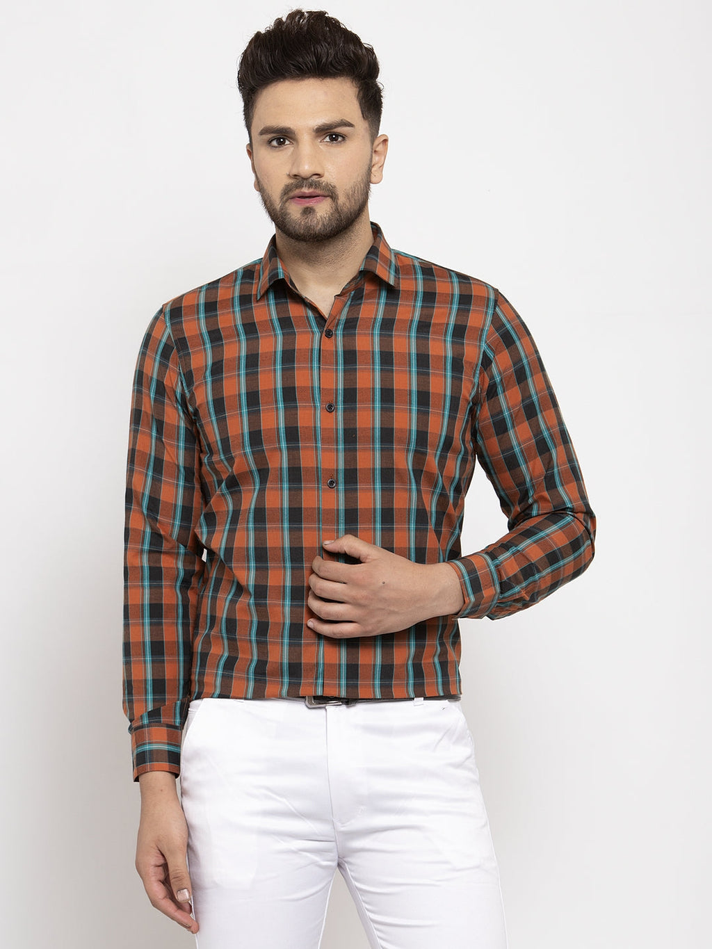 Jainish Orange Men's Cotton Checked Formal Shirt's ( SF 764Orange ) | Grocsy