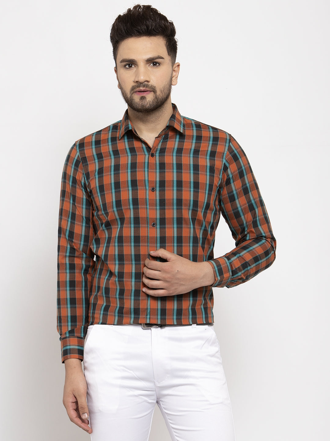 Jainish Orange Men's Cotton Checked Formal Shirt's ( SF 764Orange ) | Grocsy
