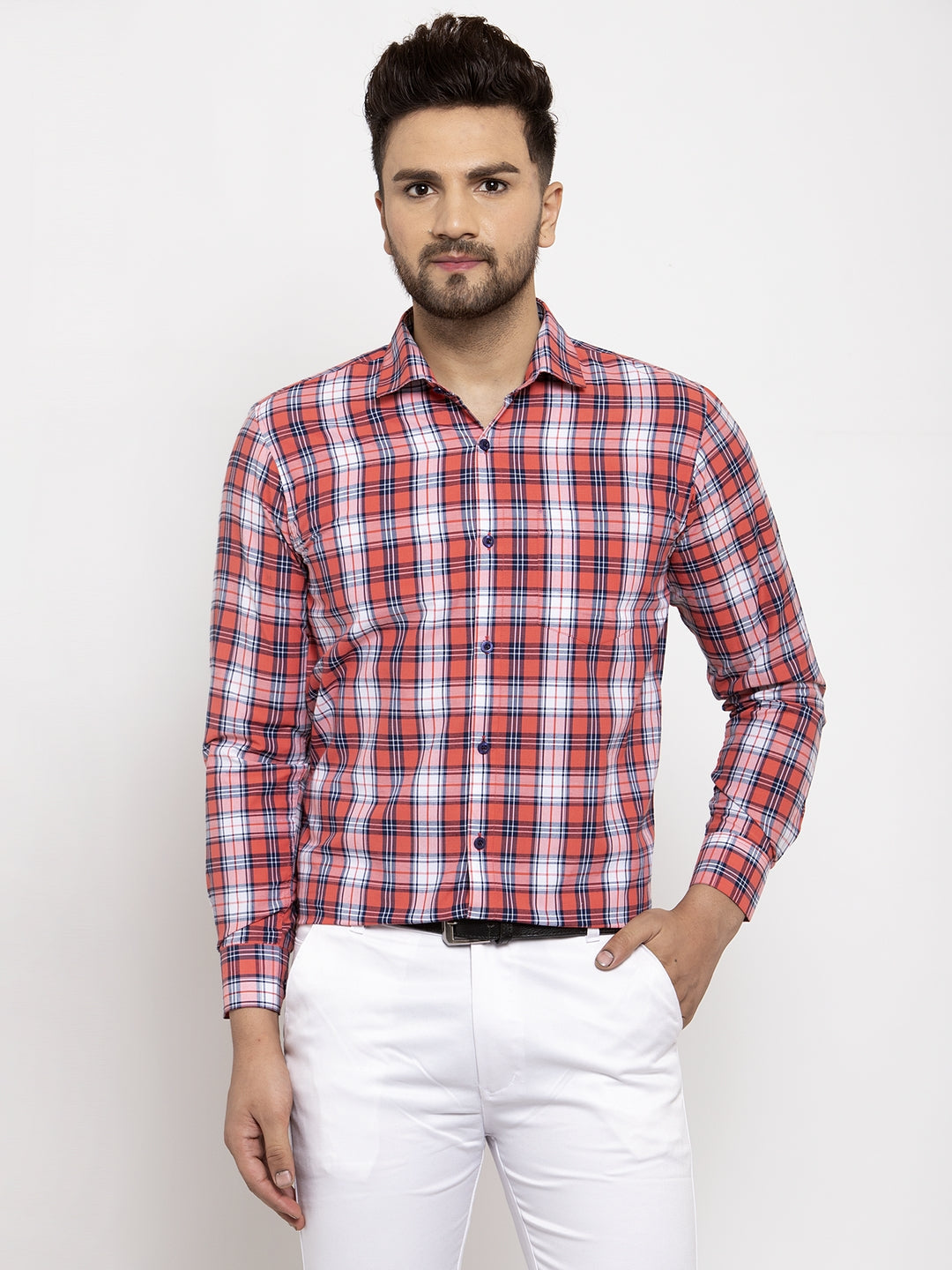 Jainish Red Men's Cotton Checked Formal Shirt | Grocsy