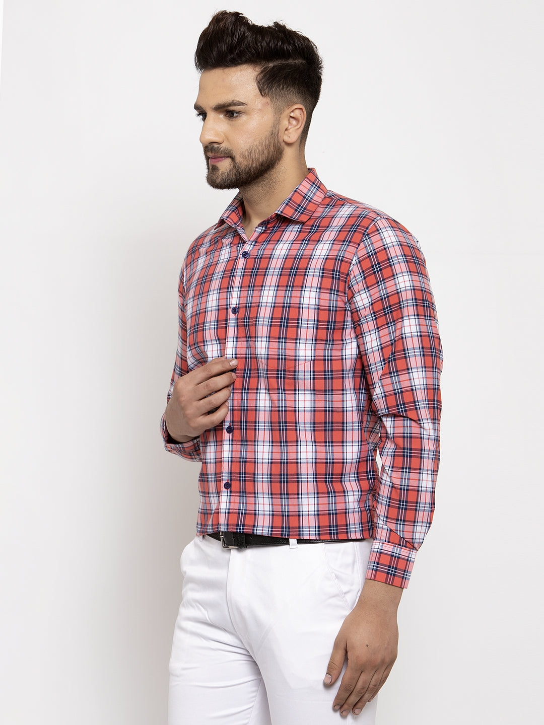 Jainish Red Men's Cotton Checked Formal Shirt | Grocsy