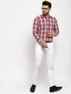 Jainish Red Men's Cotton Checked Formal Shirt | Grocsy