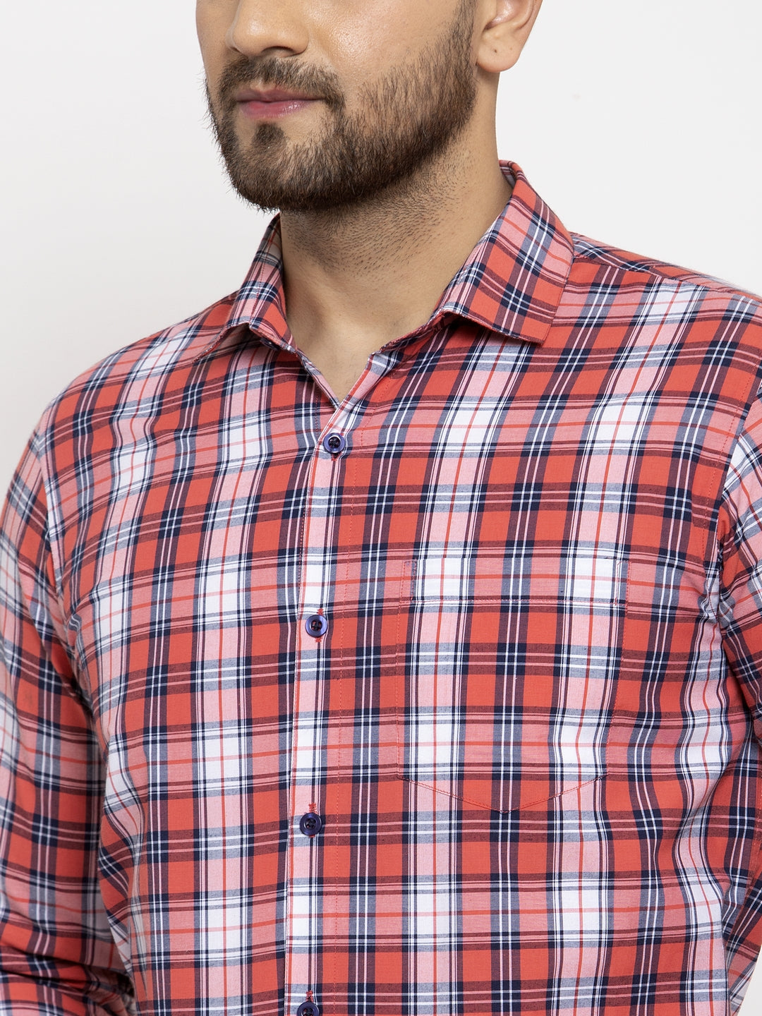 Jainish Red Men's Cotton Checked Formal Shirt | Grocsy