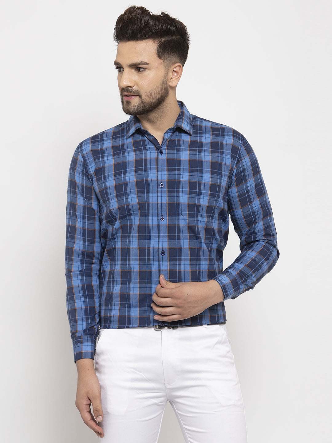 Jainish Blue Men's Cotton Checked Formal Shirt's ( SF 764Royal-Blue ) | Grocsy