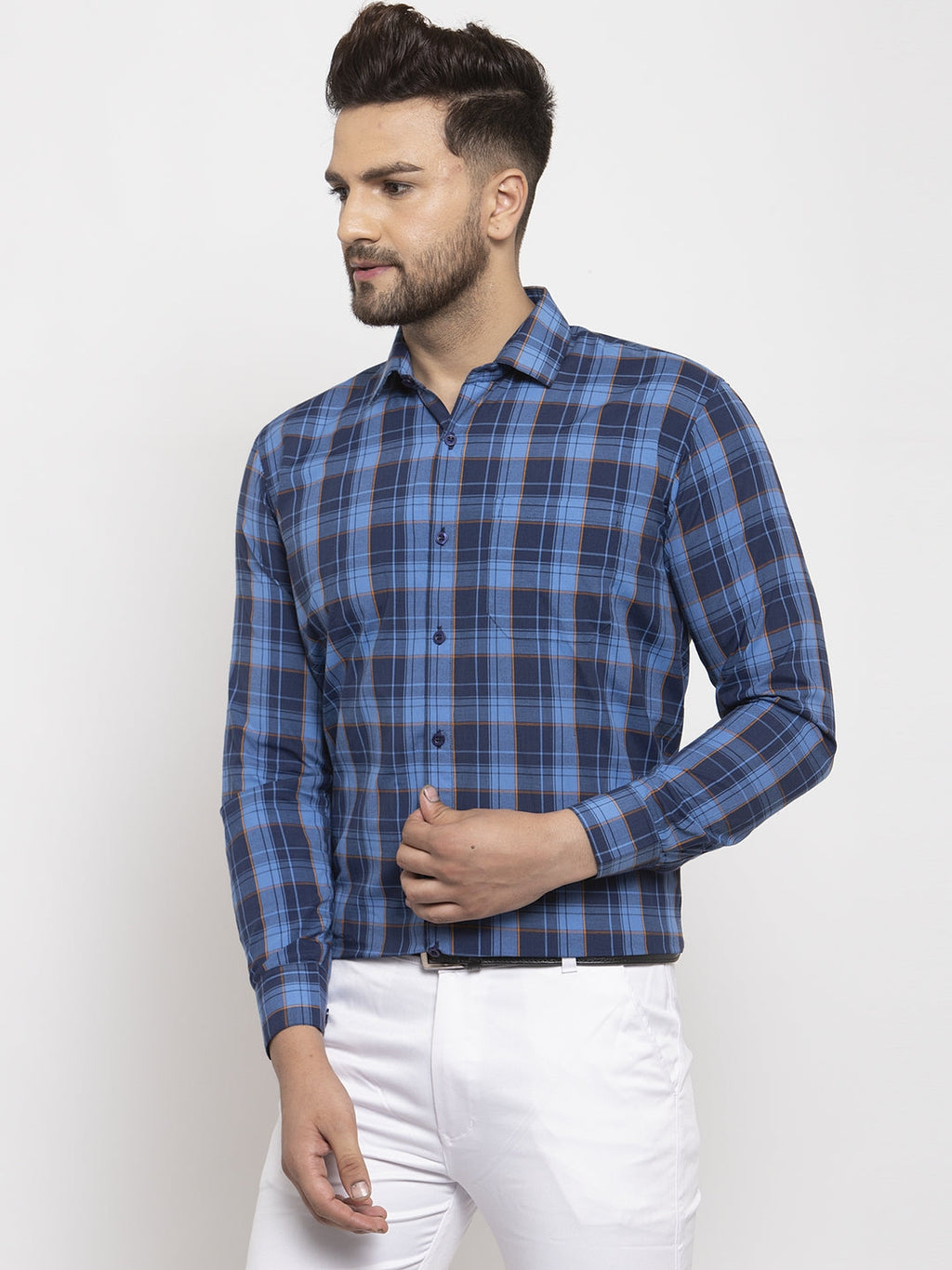 Jainish Blue Men's Cotton Checked Formal Shirt's ( SF 764Royal-Blue ) | Grocsy