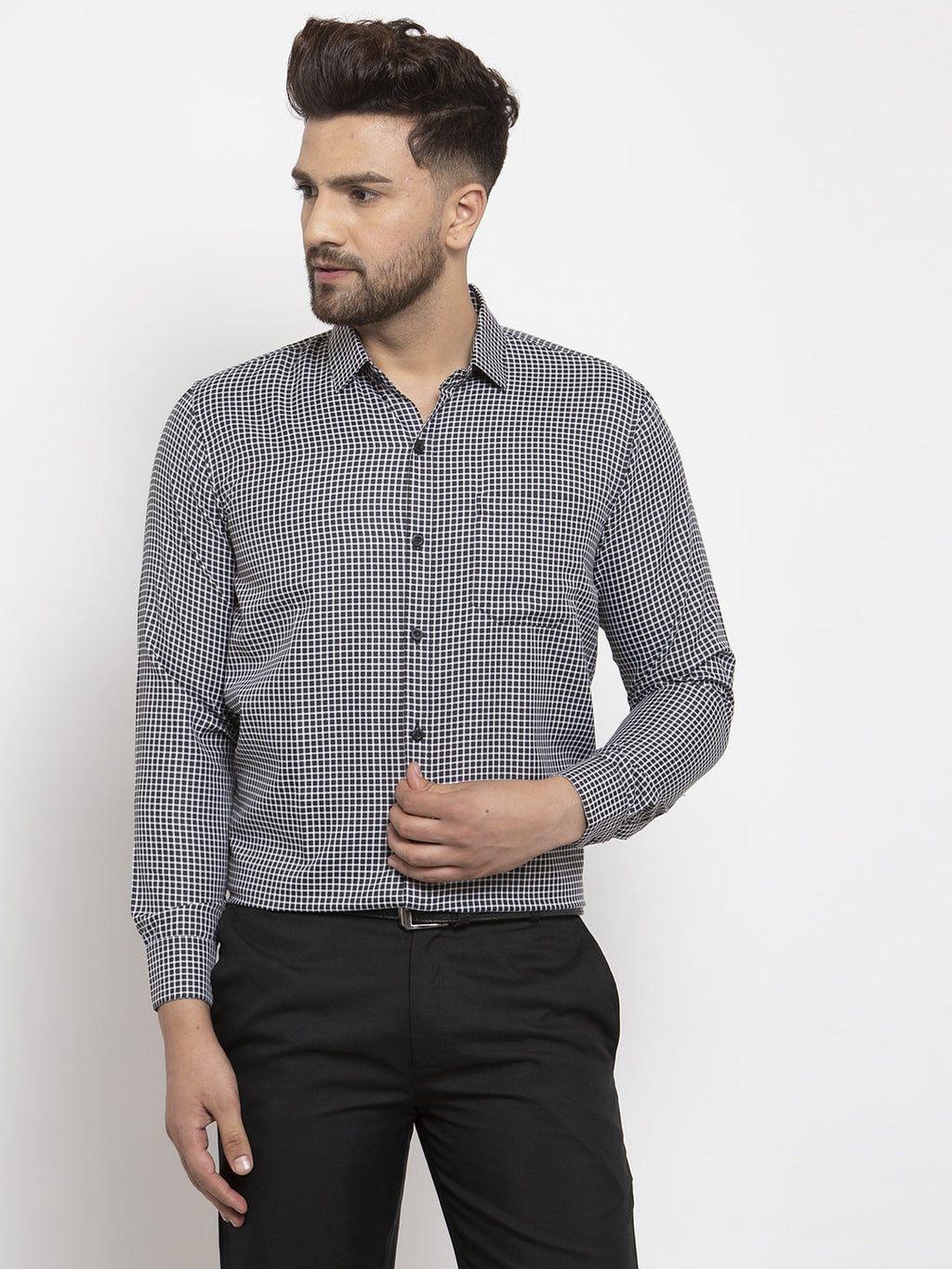 Jainish Black Men's Cotton Checked Formal Shirt's ( SF 765Black ) | Grocsy