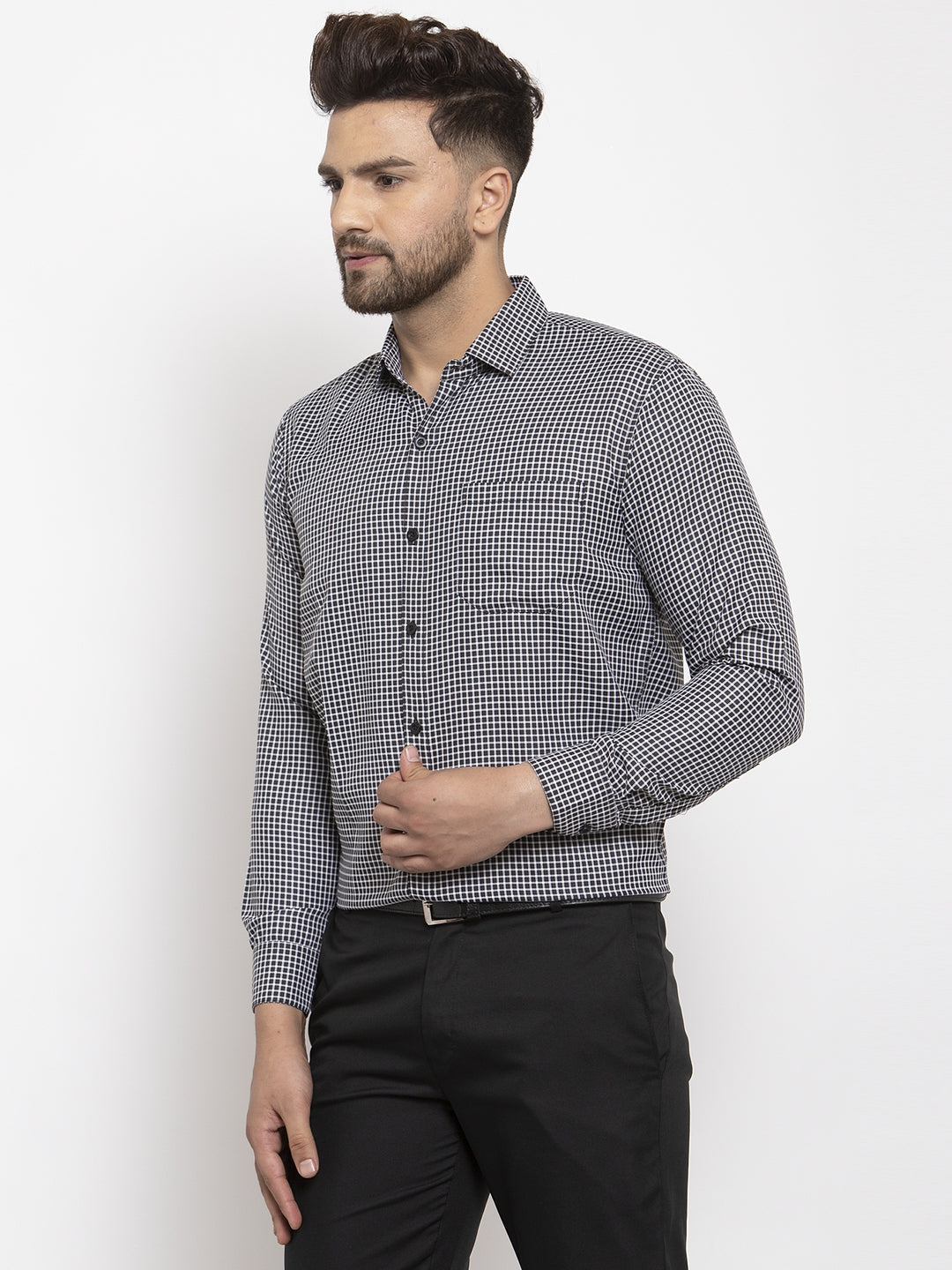 Jainish Black Men's Cotton Checked Formal Shirt's ( SF 765Black ) | Grocsy